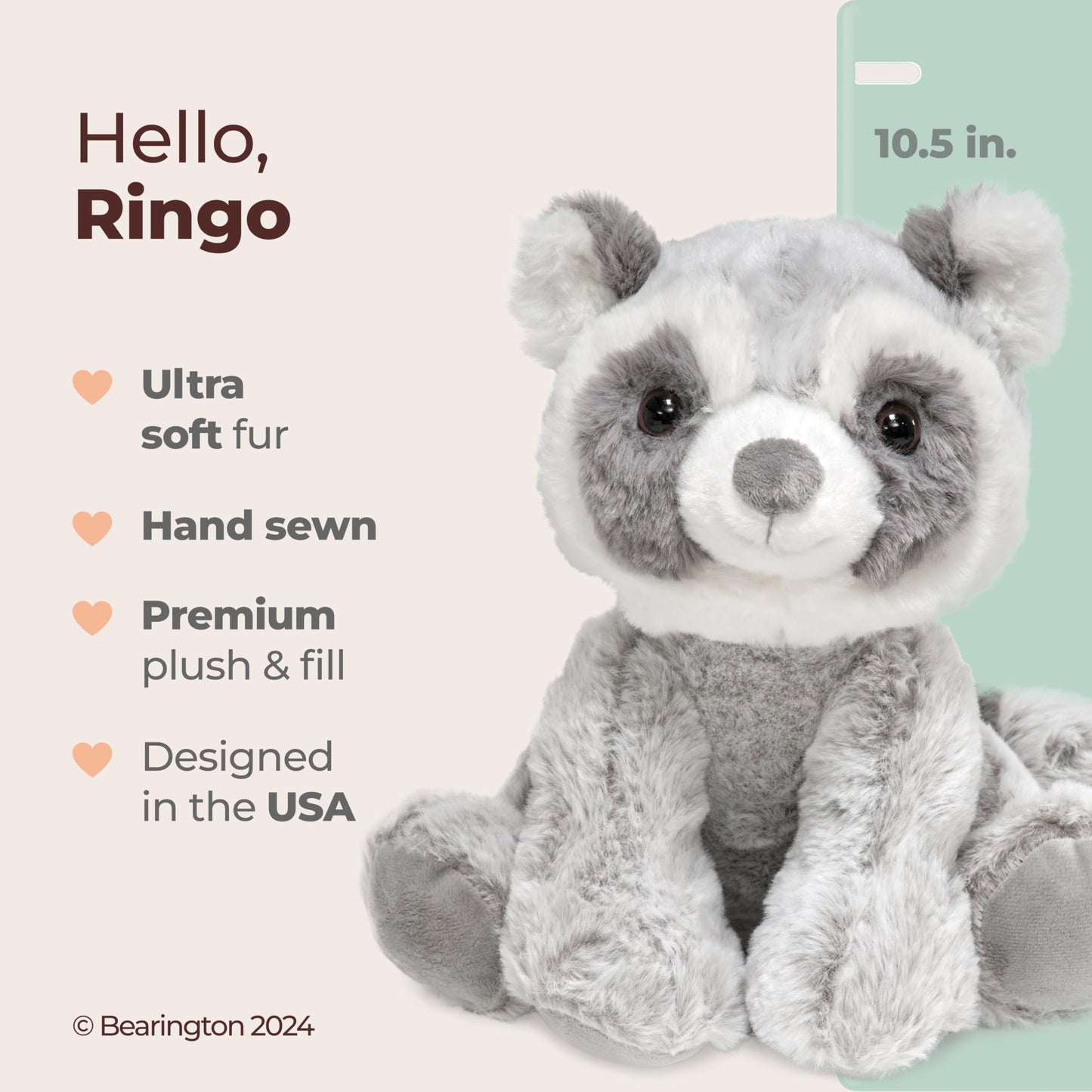 Bearington Ringo Plush Raccoon Stuffed Animal, 10.5 Inch, Soft Plush Material, Gray and Black