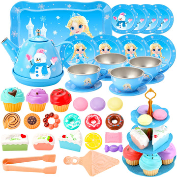 INNOCHEER Tea Party Set for Little Girls Toys, Frozen Toys for Girls Gifts, Tea Sets for Toddlers 3-5, Pretend Play Kitchen Toy,