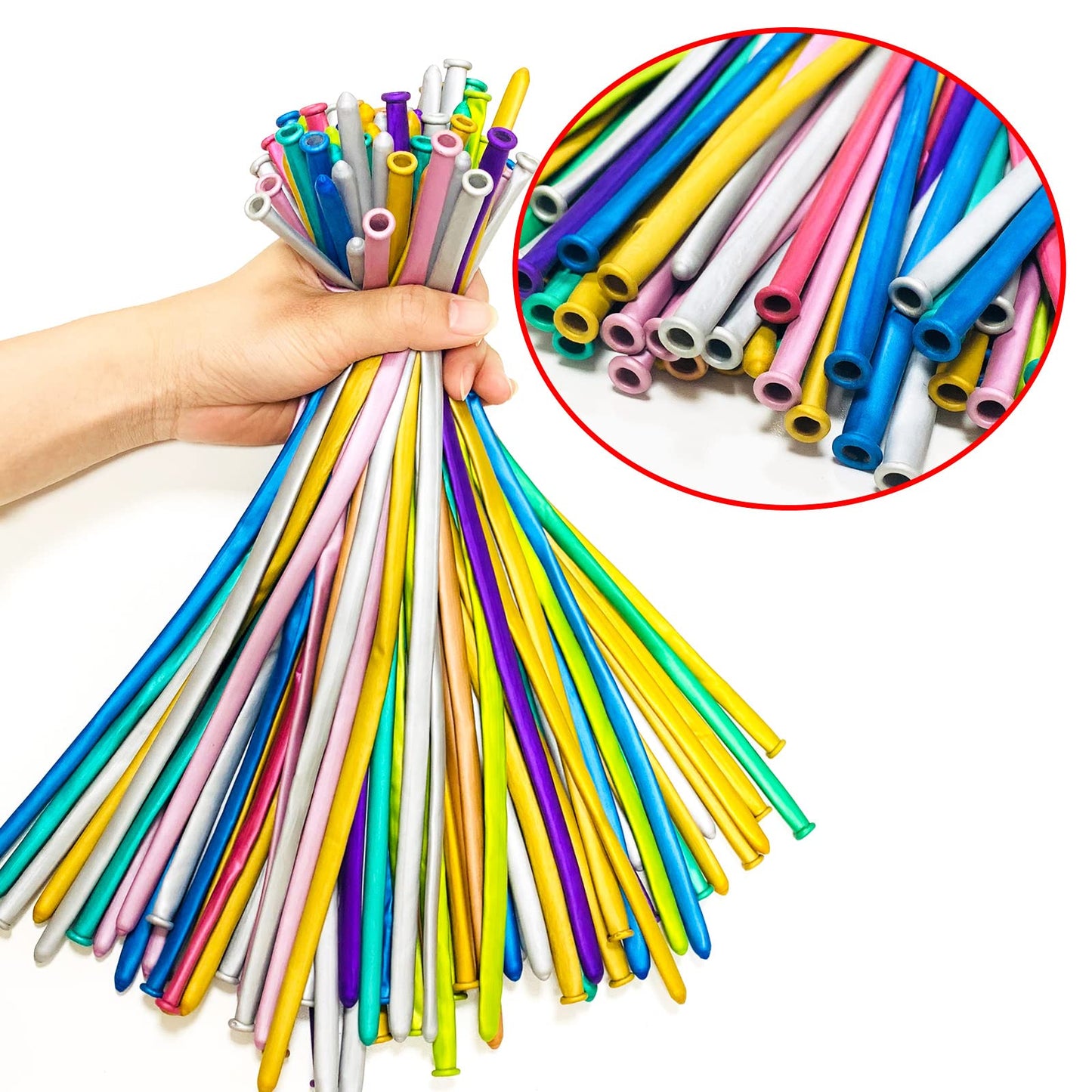 ASIYUHY Metallic 260 Long Balloons - 100 Pack Assorted Rubber Twisting Balloons for DIY Animal Models, Weddings, and Parties
