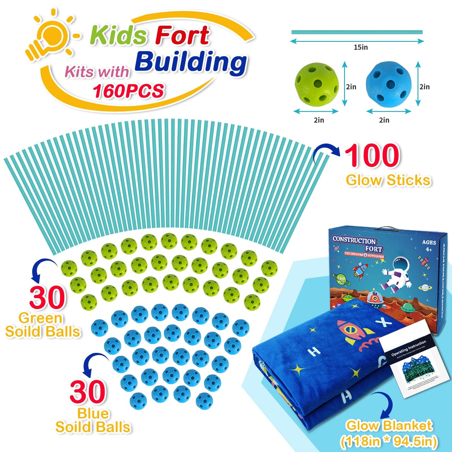 160Pcs Kids Fort Building Kit Glow In The Dark Build A Fort With Blanket Stem Educational Toys For 4 5 6 7 8 9 10 11 12 Years Bo
