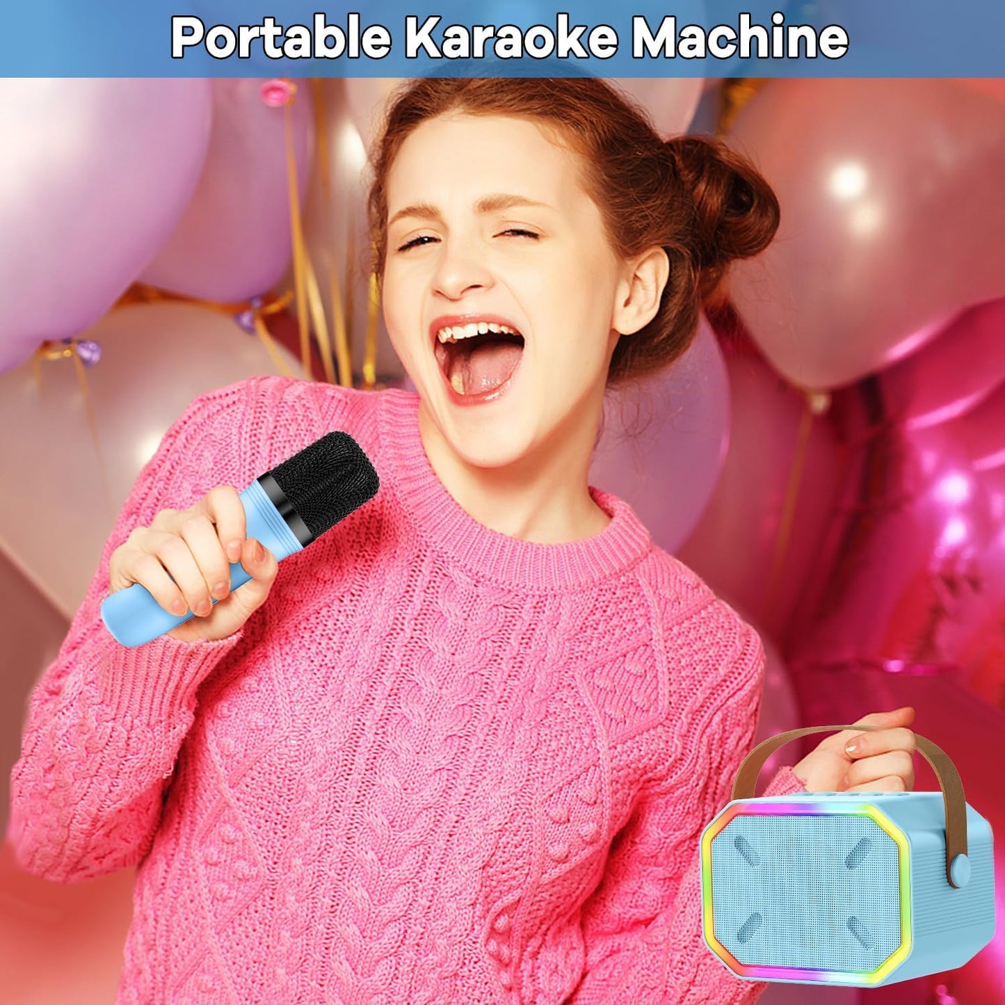 Mini Karaoke Machine With 2 Wireless Microphones:Bluetooth Karaoke Microphone For Singing - Best 2024 White Elephant Gifts For Kids Teens Adults