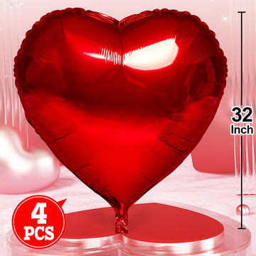 Red Heart Balloons- 4Pcs 32Inch Foil Heart Balloon, Valentine Day Balloons, Room Decorations Kit Party Props Decor Love Balloons Red Valentines Day Heart Balloons