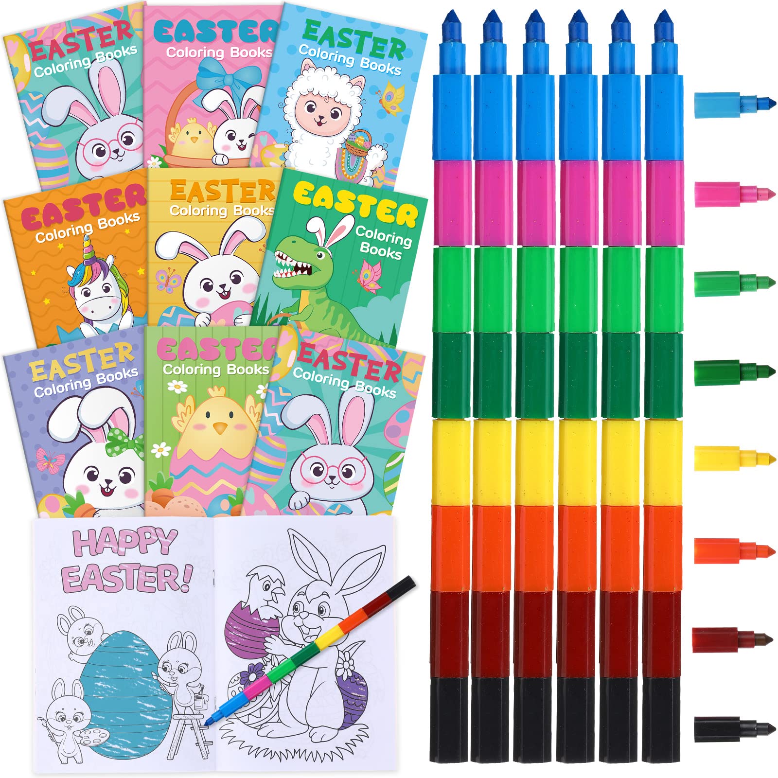 24 Pcs Easter Coloring Books with 24 Stacking Crayons for Kids Party Favors Easter Holiday Activity Books Rainbow Crayons Easter