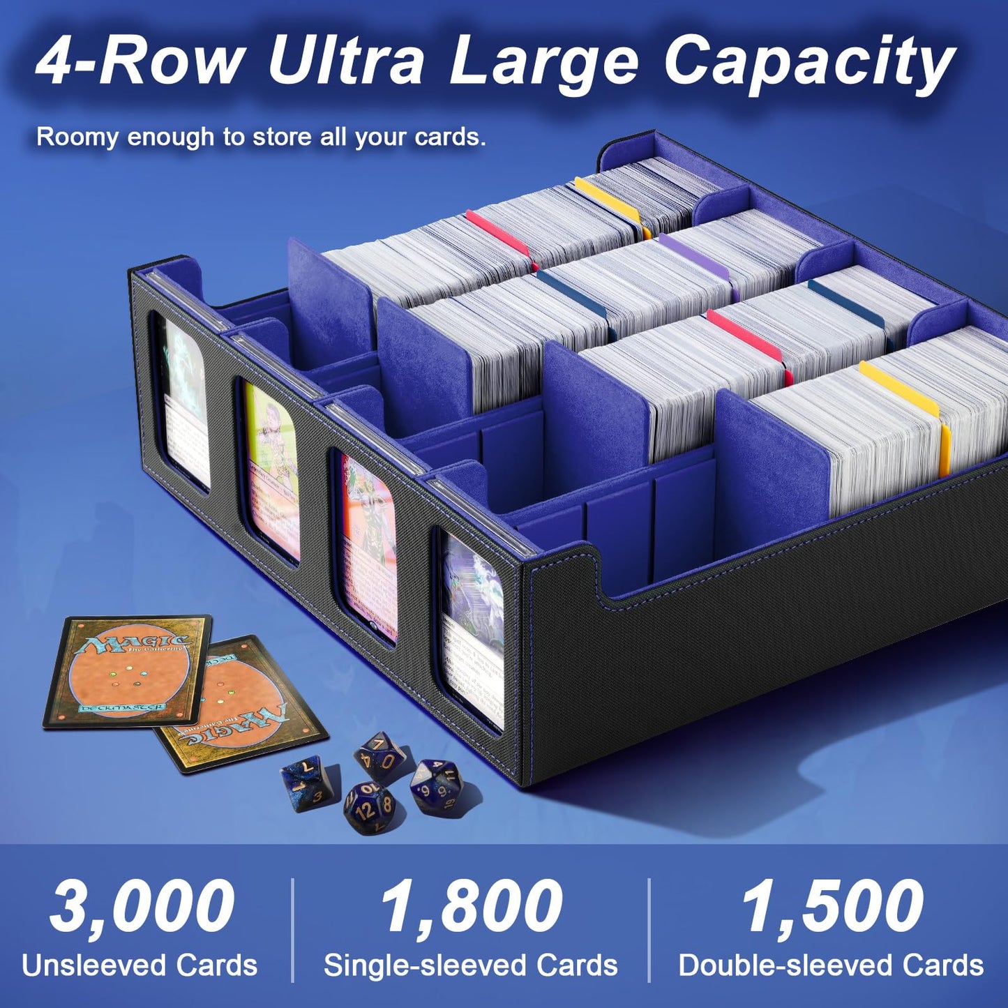 TiMOVO MTG Deck Box  Magnetic Trading Card Storage Case Holds 3000+ Sleeveless Cards with 20 Colorful Dividers & 4Pcs Card Supporters  4 Rows Commander Card Deck Box for Magic Game Cards  Black + Blue