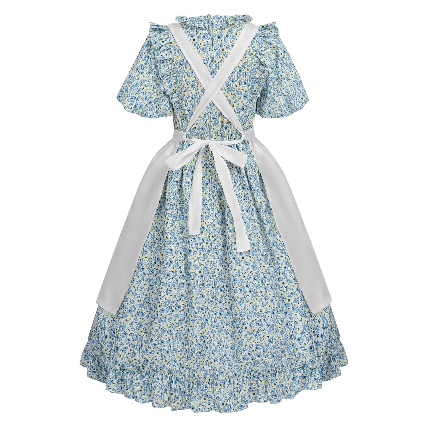LTAKK Pioneer Dress Girls Colonial Costume Prairie Pilgrim Girl Dresses with Pinafore, Yellow Blue, Medium, age over 4 years old