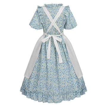 LTAKK Pioneer Dress Girls Colonial Costume Prairie Pilgrim Girl Dresses with Pinafore, Yellow Blue, XL, age over 4 years old
