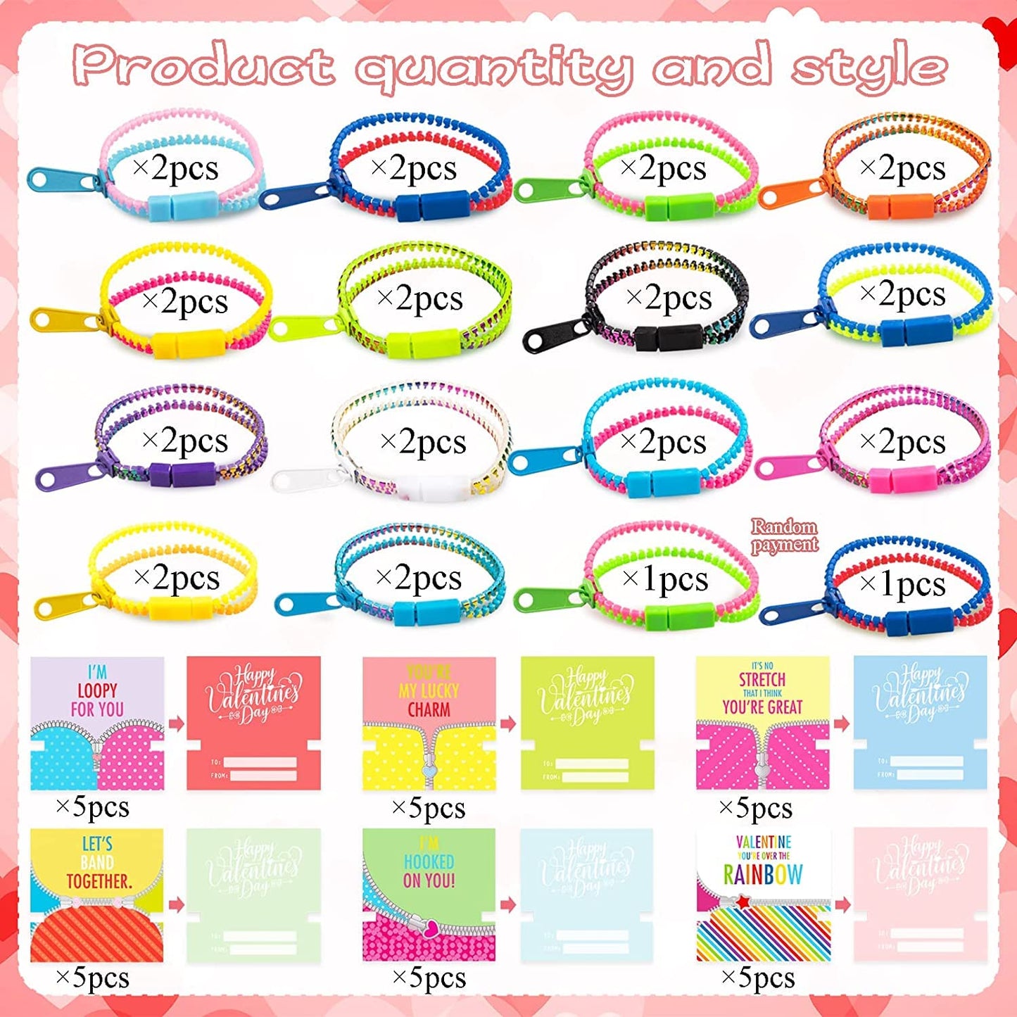 OuMuaMua 30Pcs Valentines Day Cards Gift for Kids Classroom - Valentines Cards with Fidget Zipper Bracelets Toy for Kids Valenti