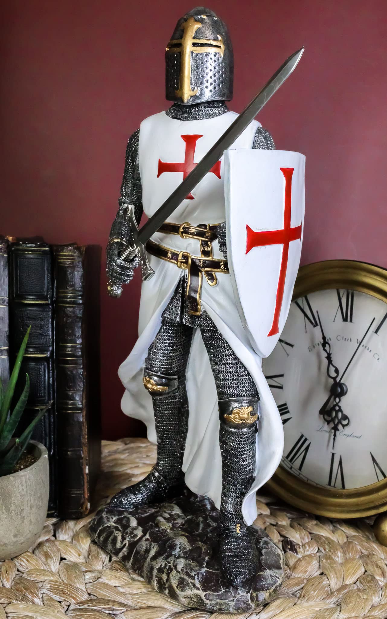 Ebros White Cloak Caped Medieval Crusader decorative replica bladesman Knight Figurine 11.5 H Medieval Royal Suit of protective covering Knight of The Cross Resin Collectible