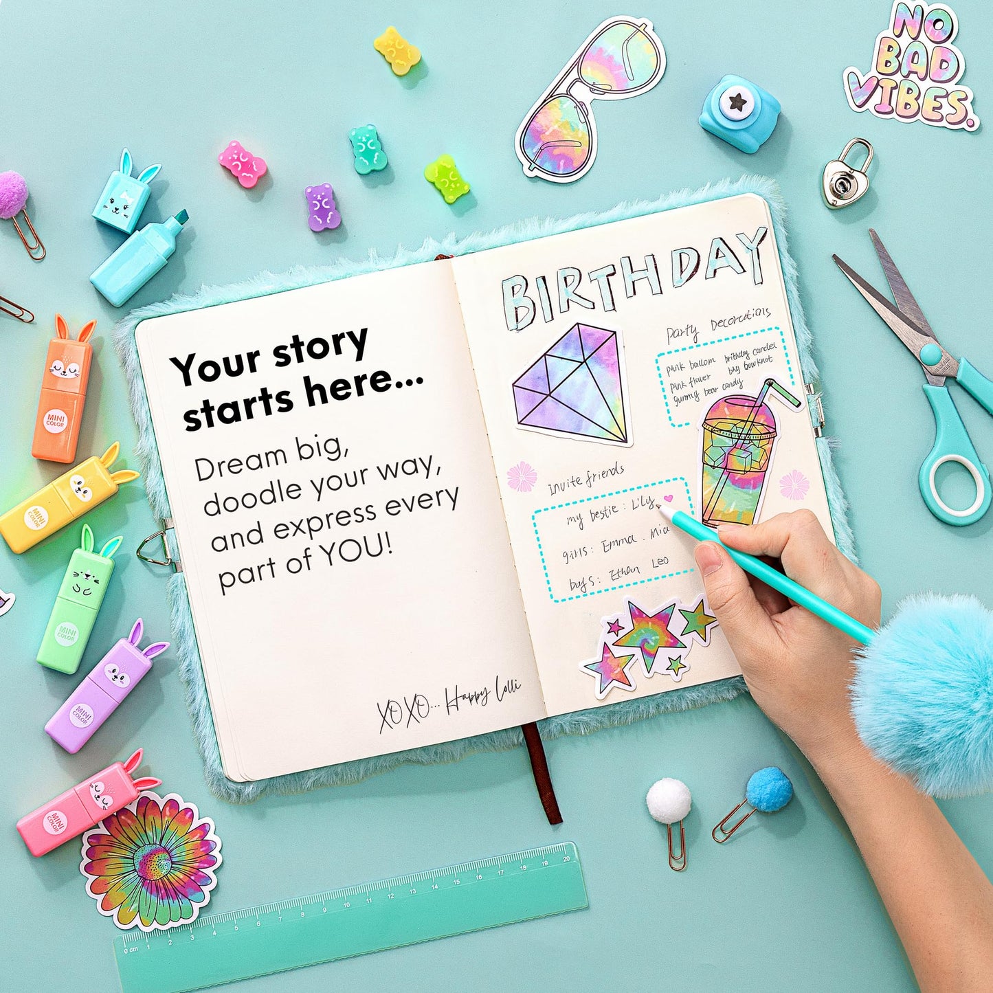 HAPPY LOLLI Mint LolliME DIY Journal Kit – 300+ Pieces, Lockable Diary, Markers, Stickers, Empowering Pages for Girls