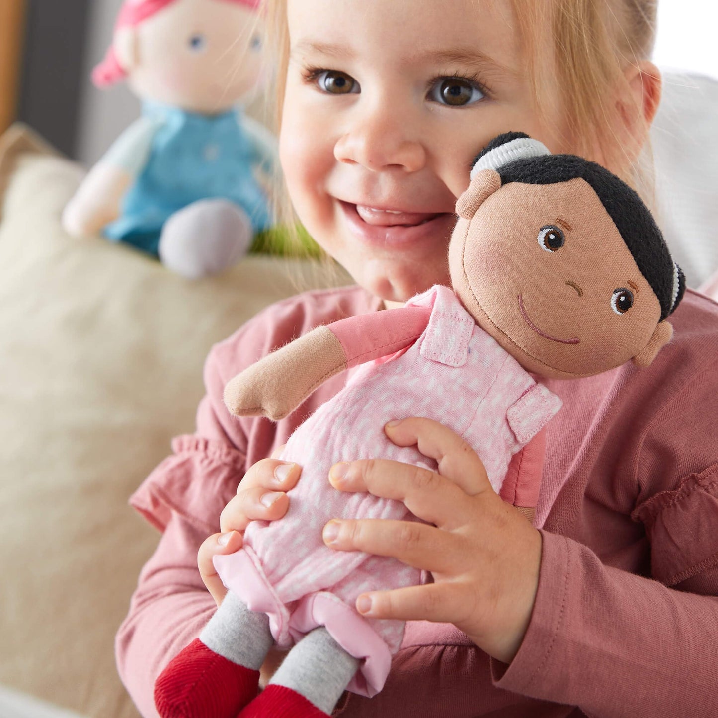 Haba Snug Up Doll Rumbi - 10'' Soft Doll With Black Hair And Pink Overalls - Machine Washable For 18 Months And Up