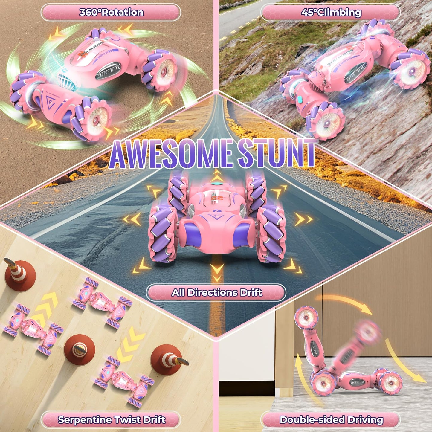 Fosgoit Pink Remote Control Car for Girls 6-12, 2.4Ghz 4WD Hand Controlled RC Car with Light & Music & Spray, Double-Sided 360 R