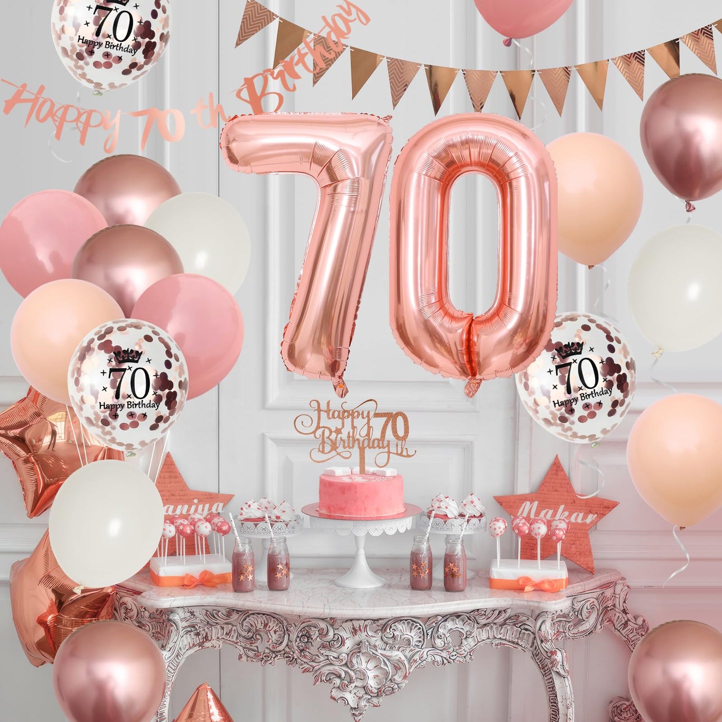70Th Birthday Decorations Retro Pink Rose Gold,70Th Birthday Balloons,Happy 70Th Birthday Banner With Cake Toppers Rose Gold Num
