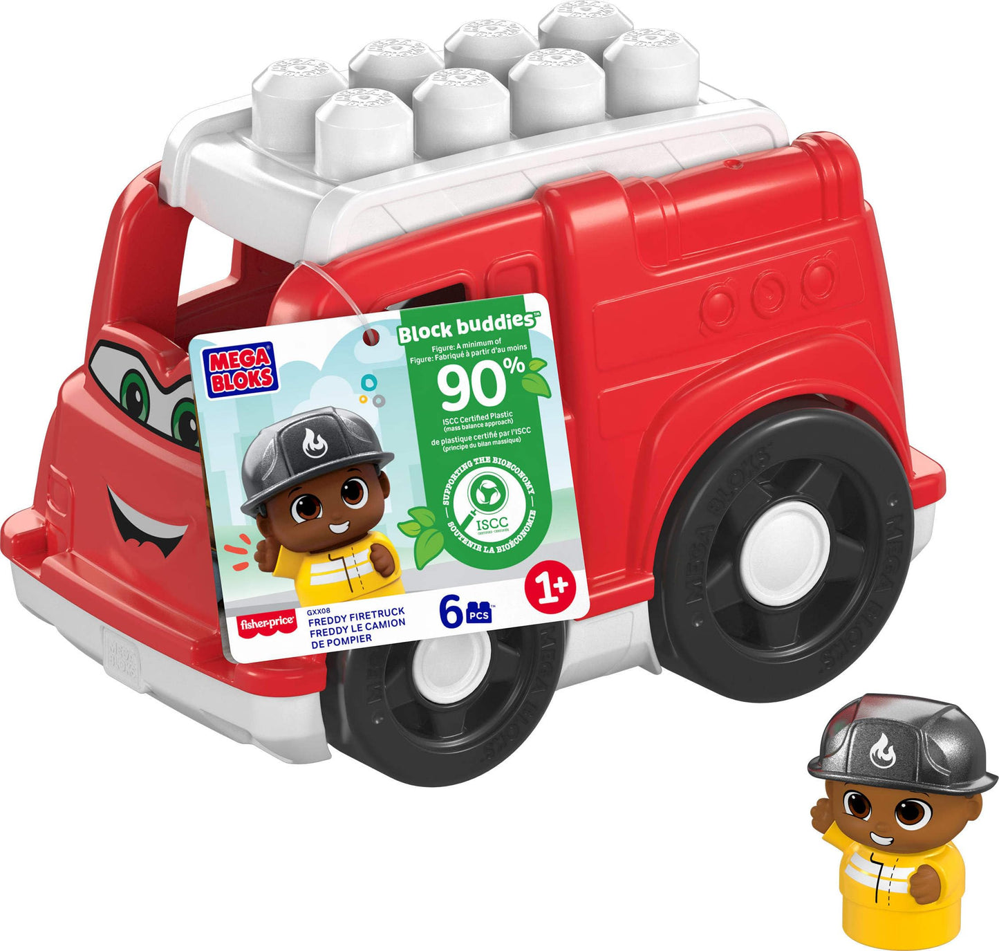 Mega Bloks First Builders Toddler Building Blocks Toy Set, Freddy Firetruck With 6 Pieces And Storage, 1 Figure, Red, Ages 1+ Years