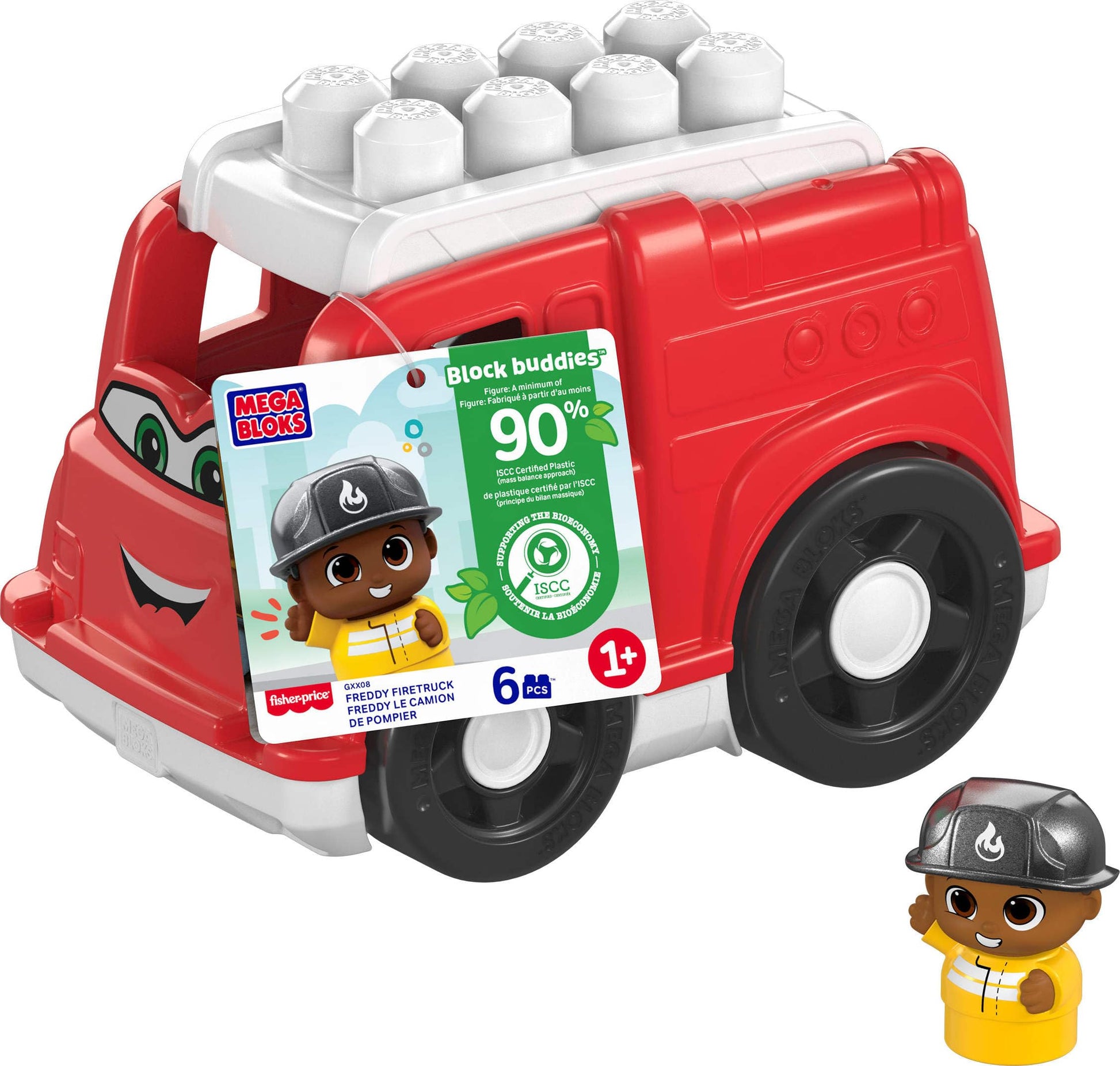 Mega Bloks First Builders Toddler Building Blocks Toy Set, Freddy Firetruck With 6 Pieces And Storage, 1 Figure, Red, Ages 1+ Years