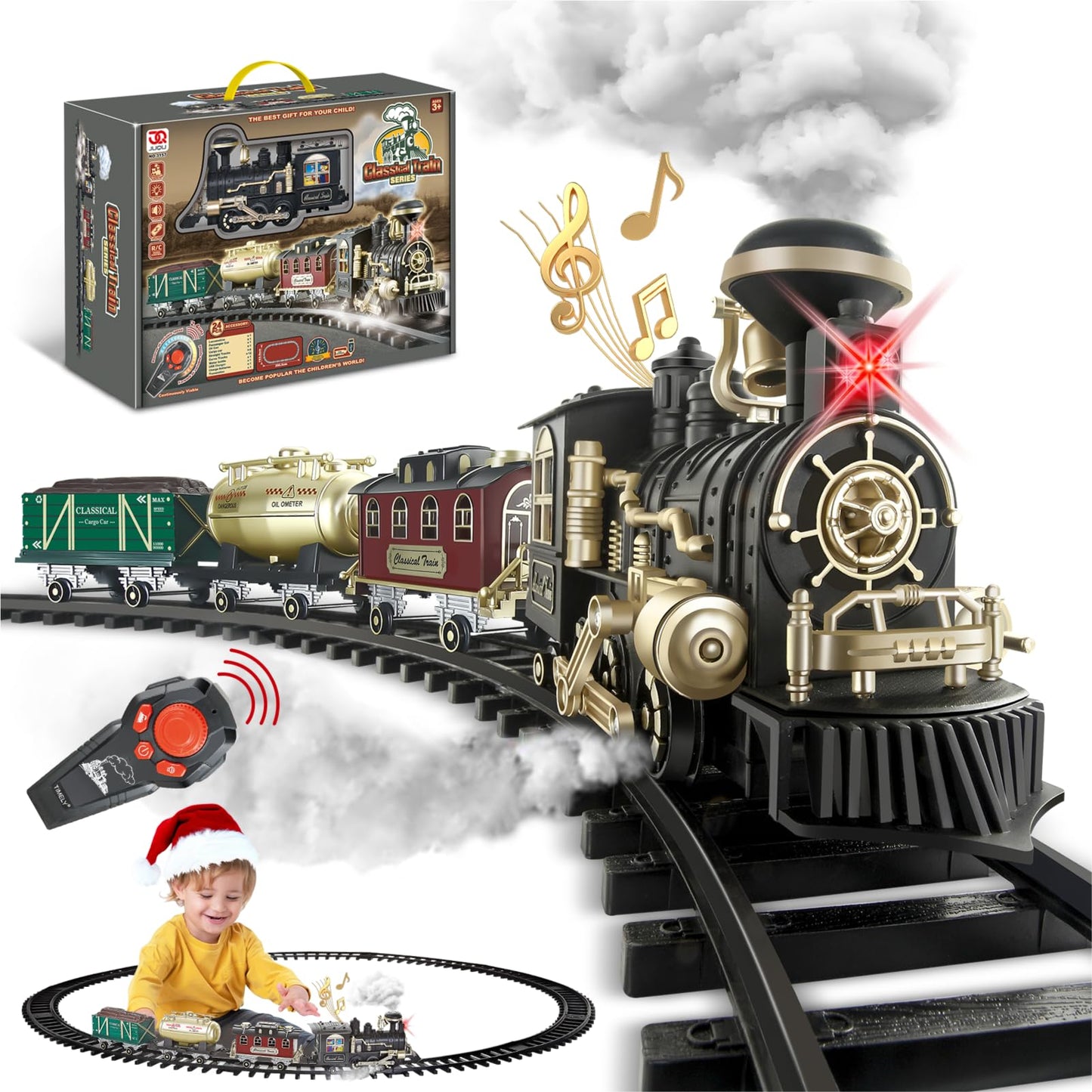 JUQU Electric Christmas Train Set for Kids Ages 4-8 - Remote Control Steam Train Set with Smoke, Lights, Whistle & Tracks, Model