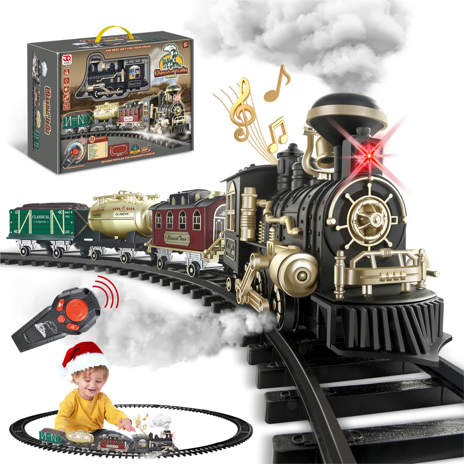 JUQU Electric Christmas Train Set for Kids Ages 4-8 - Remote Control Steam Train Set with Smoke, Lights, Whistle & Tracks, Model