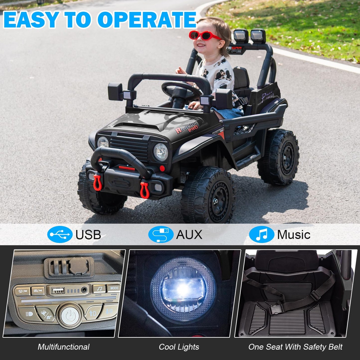 RunFast 24v Kids Ride on Car with Parent Remote Control Electric Ride on Toys for Kids 3-5 3.7mph Max Speed Battery Powered Large Seat with Safety Belt Aux Port Gift for Boy&Girl (Black  24V)