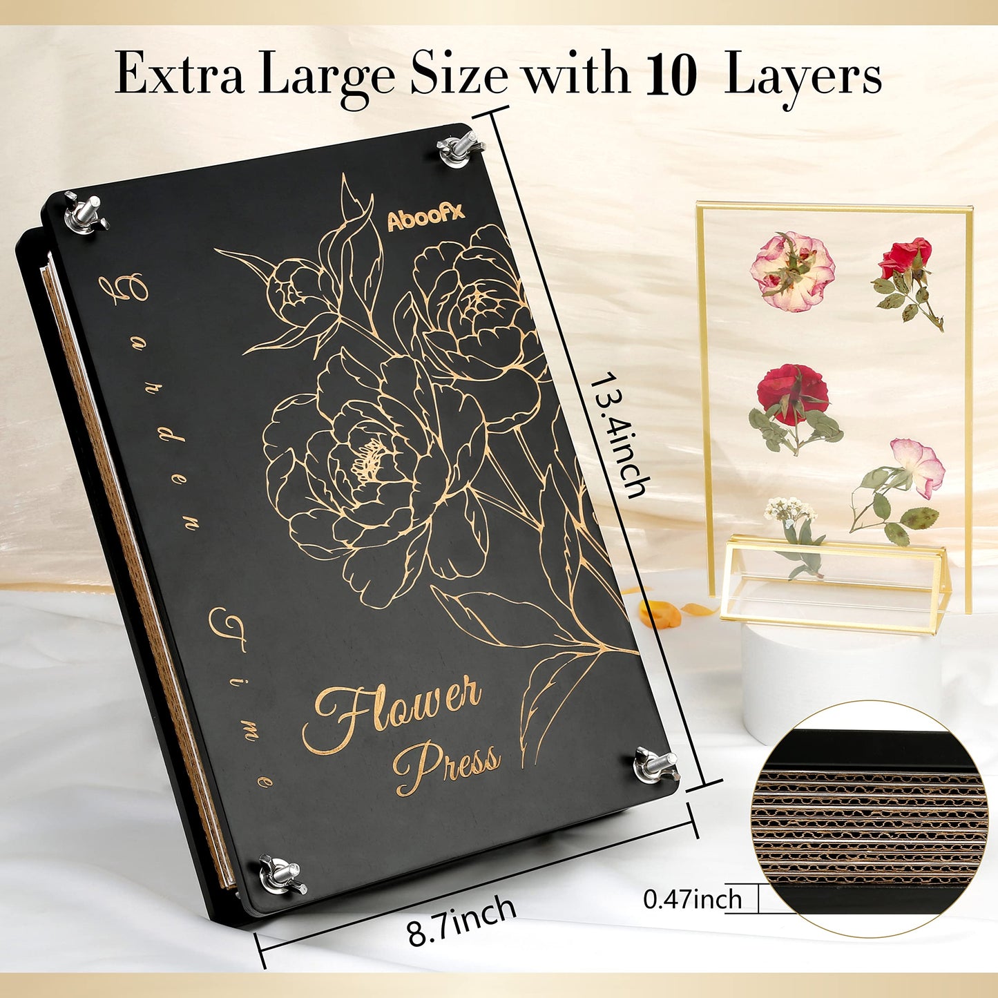 Aboofx Extra Large Flower Press, 13.4' X 8.7' 10 Layers Wooden Flower Pressing Kit With Storage Bag, Flower Pressing Kit For Adults, Pressed Flower Plant Preservation Kit Diy Art And Craft