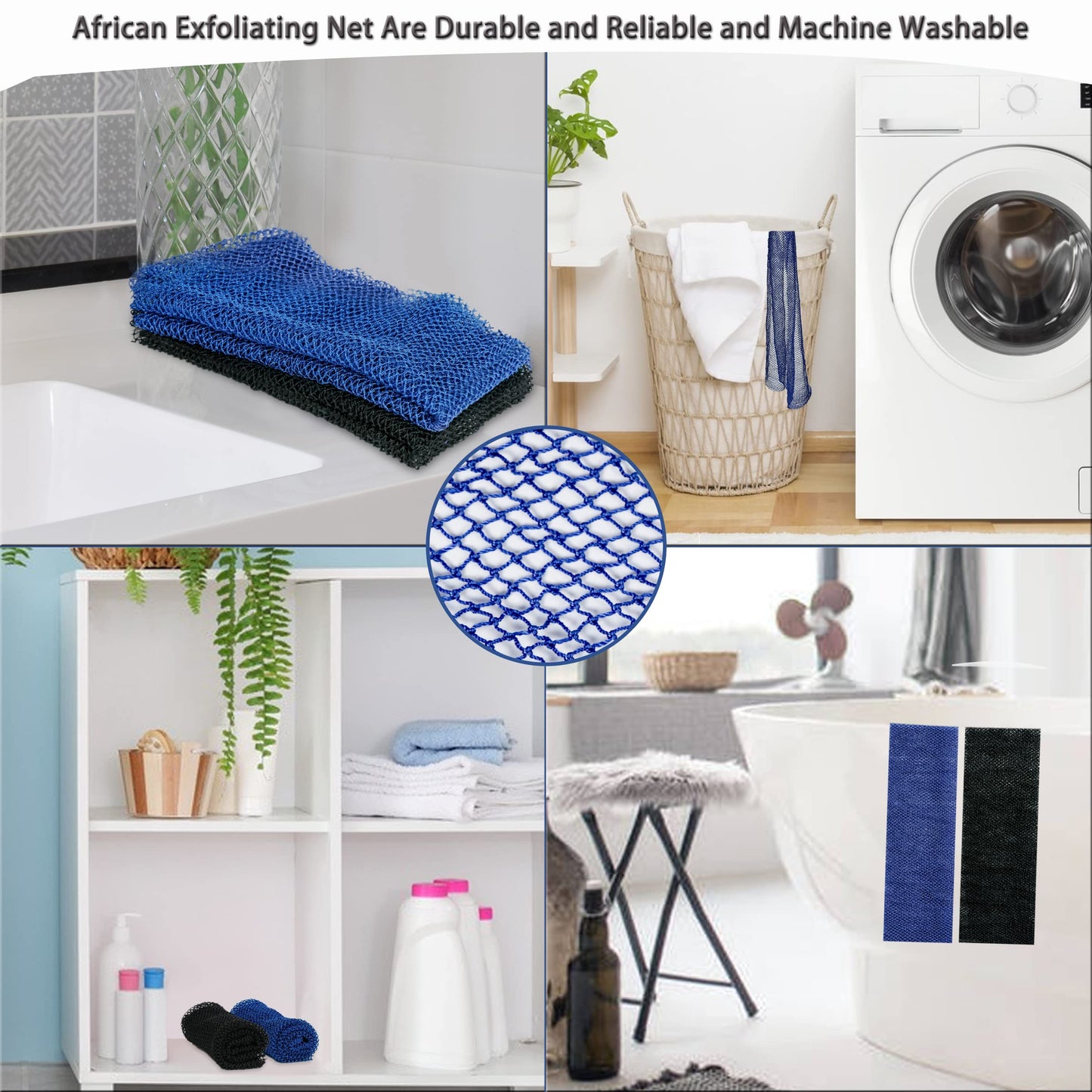 BHYTAKI African Net Sponge - 2 Pack Exfoliating Nylon Bathing Scrubber, Black & Blue
