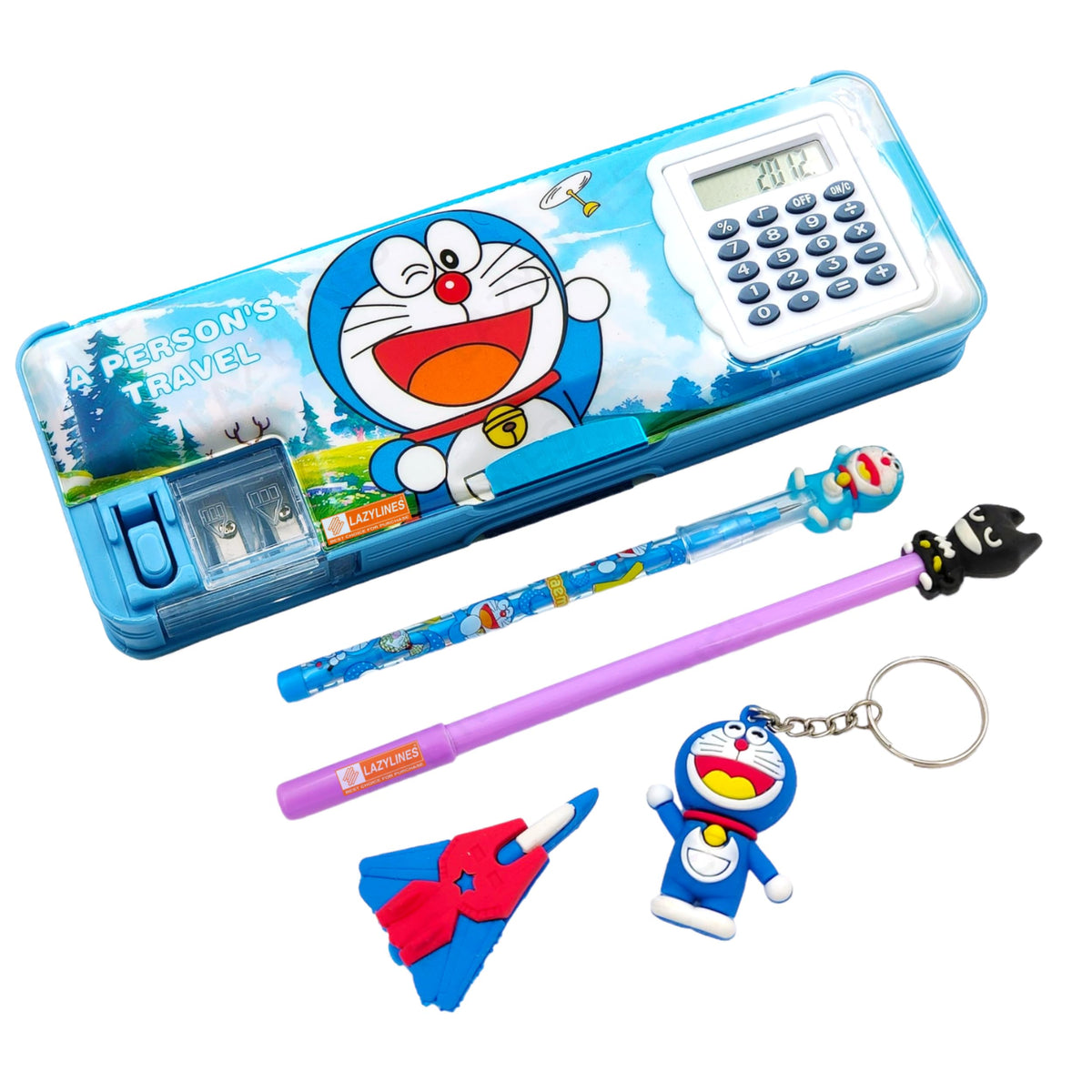 Lazylines Doraemon Pencil Box Integrated Sharpener And Calculator, Magnetic Lock, Dual Compartments, Cartoon Stationery Case Sch