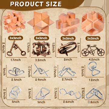 Rileryan 16 Pcs Wooden Metal Brain Teasers For Adults 3D Brain Teasers Wooden Cube