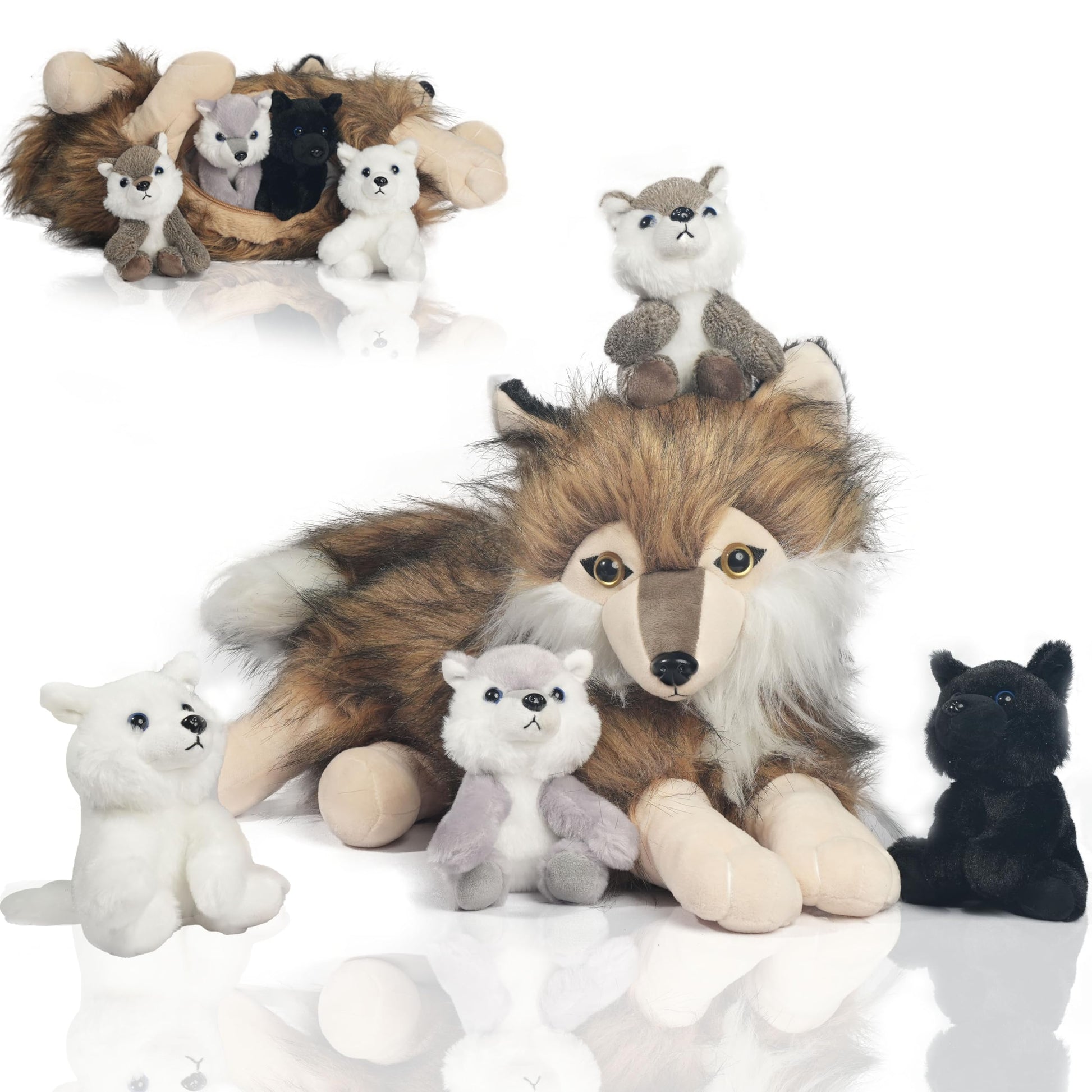 5 Pcs Wolf Stuffed Animal Plush Toy, 16 Inch Valentine Mommy Stuffed Wolf With 4 Baby Wolves In Her Zippered Pouch,Cute Nurturin