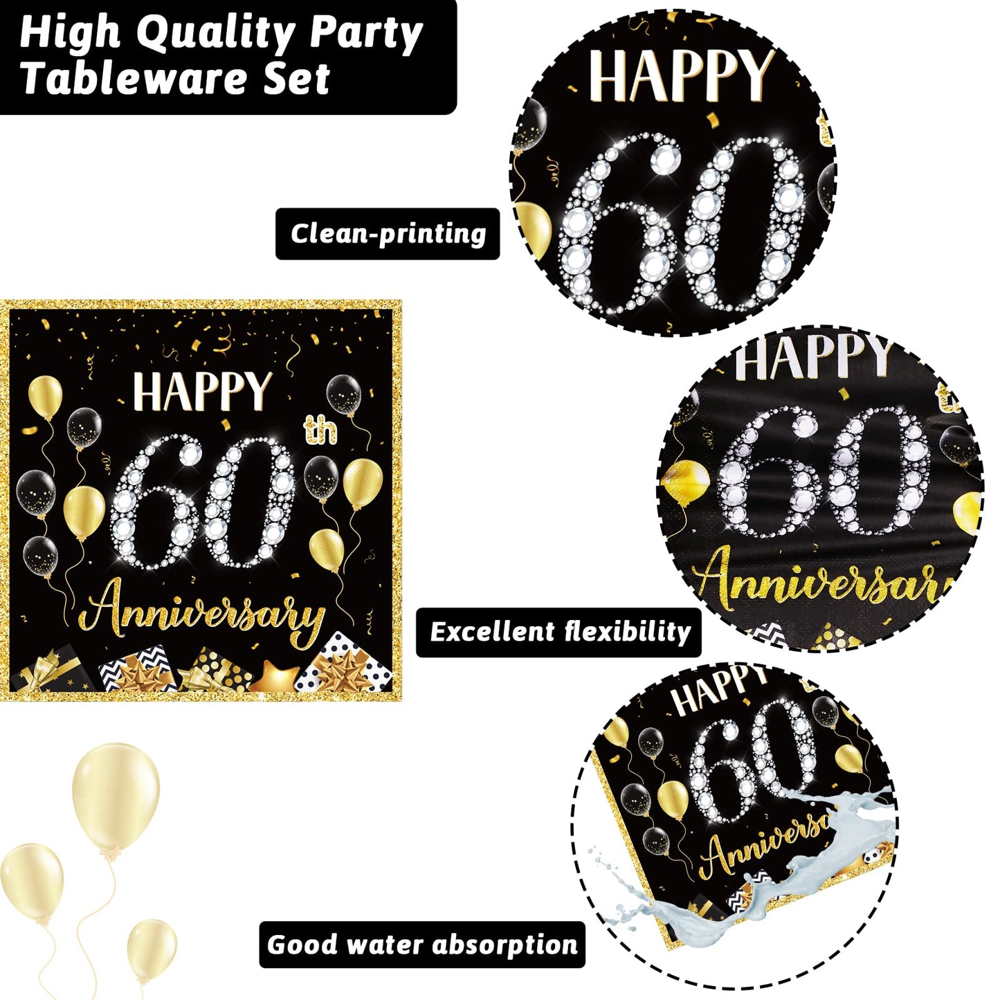 chiazllta 96 Pcs 60th Wedding Anniversary Party Paper Plate and Napkins Supplies Gold Black Disposable Tableware Anniversary Par
