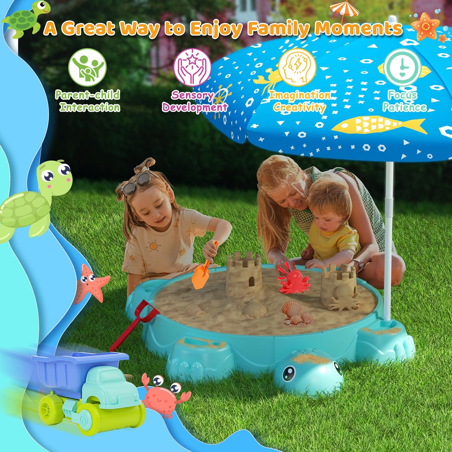 Turtle Sandbox with Lid & Adjustable Umbrella, Kids Sand Box with Sand Molds and Shovels Set for Sensory Play, Toddler Outdoor I