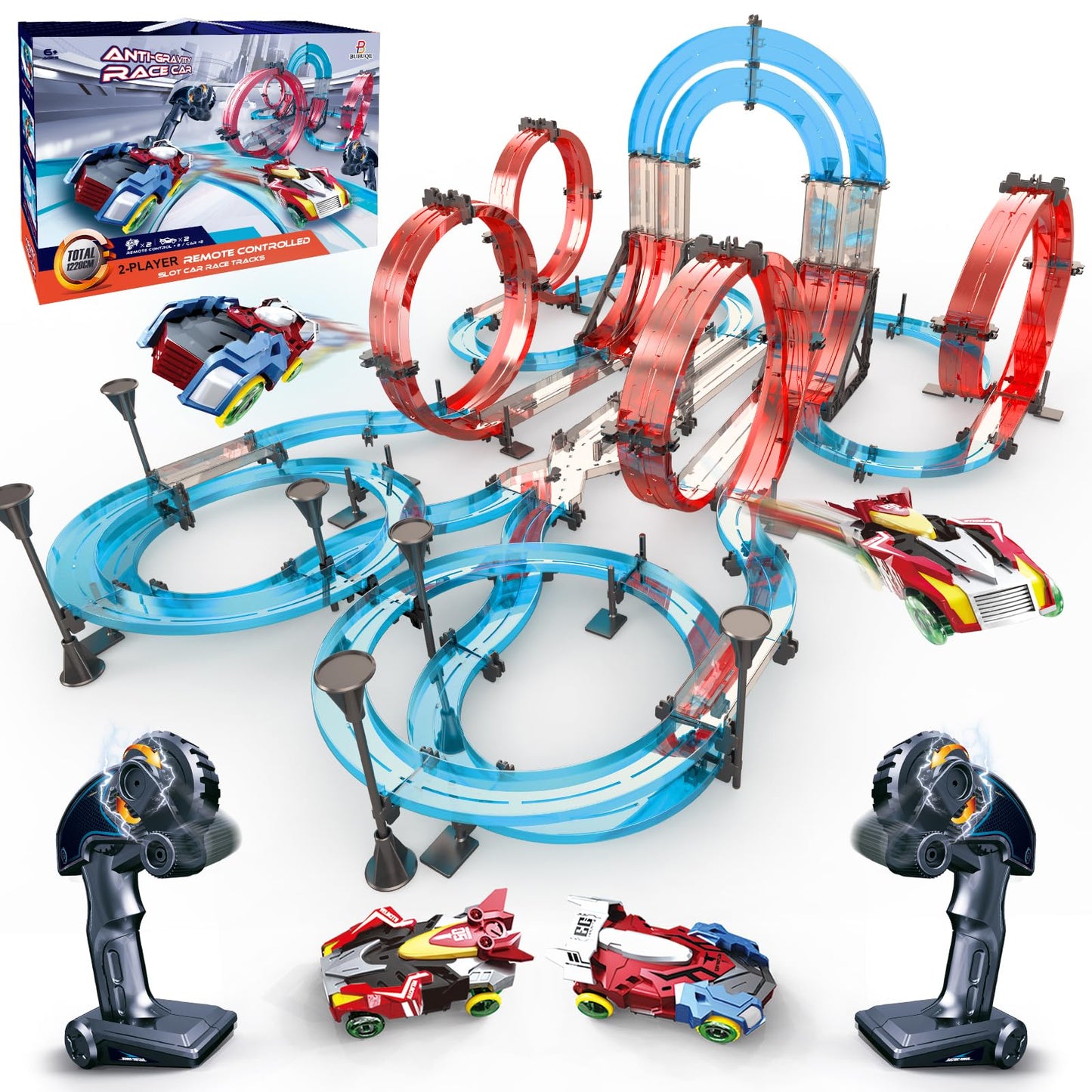 Slot Car Race Track Sets Dual-Player Electric Remote Control Cars Rechargable Magnetic Cars Racing Game with Hand Controllers Ci