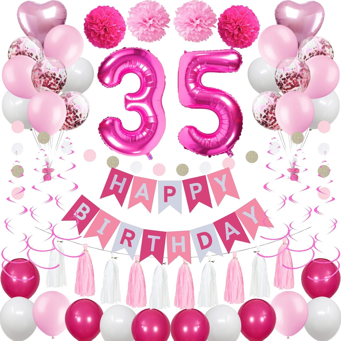 Sweet 35Th Birthday Decorations For Women, Pink And White 35 Happy Birthday Balloons, 35Th Birthday Party Supplies Including Pin