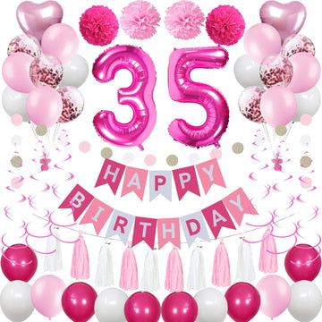 Sweet 35Th Birthday Decorations For Women, Pink And White 35 Happy Birthday Balloons, 35Th Birthday Party Supplies Including Pin