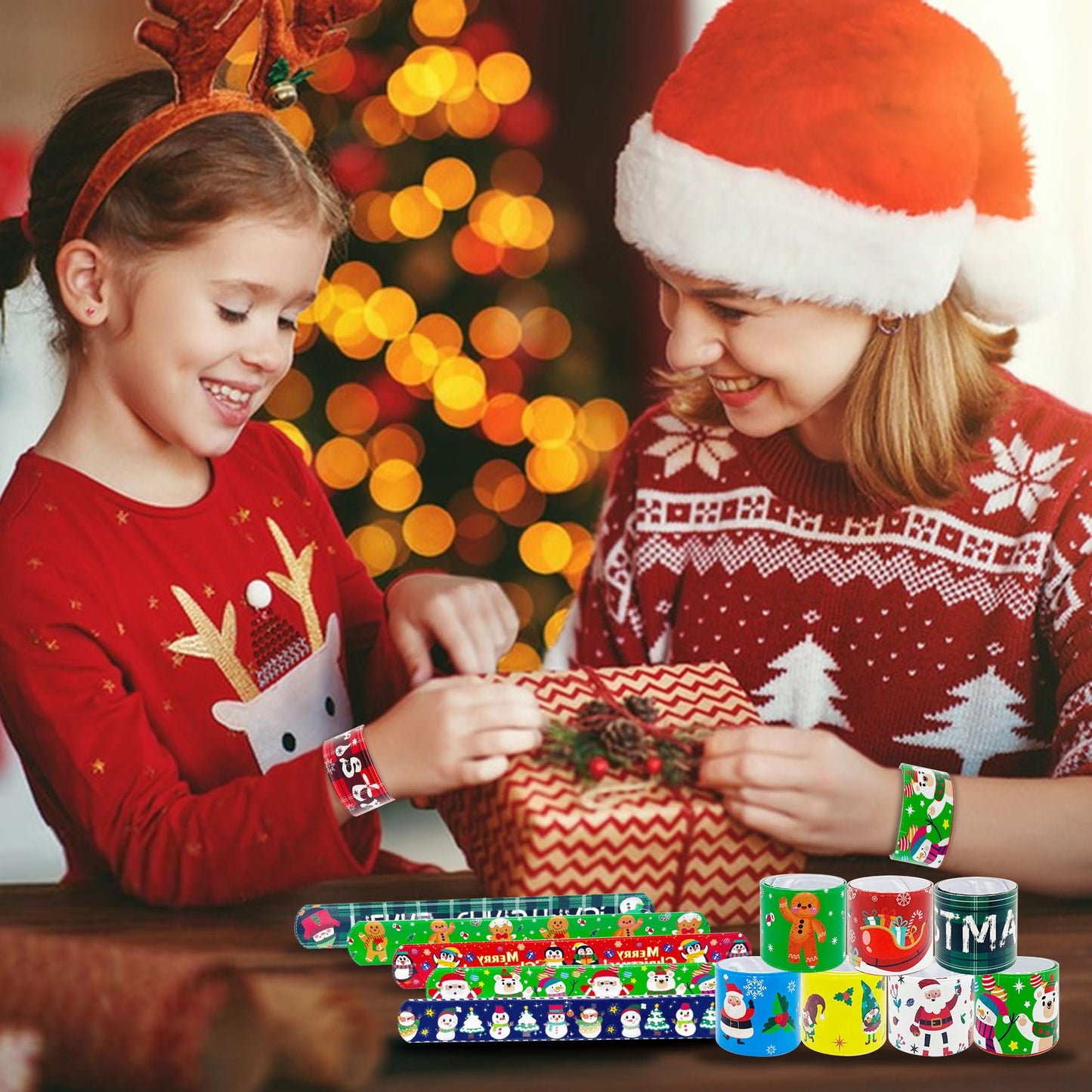 Junebrushs 56 Pack Christmas Slap Bracelets For Kids Xmas Slap Bands Wristband Christmas Party Favors Snap Bracelets Bulk For Bo