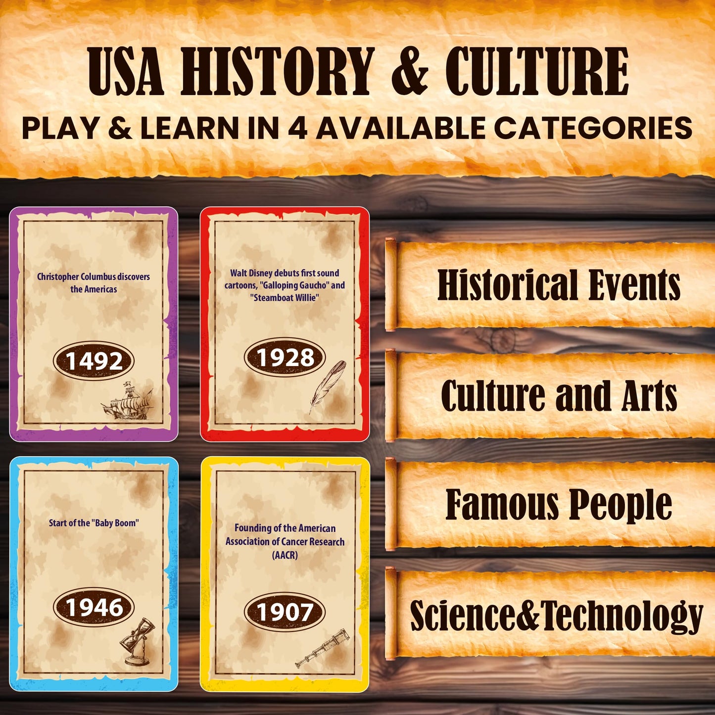 Quokka Usa History & Personality Board Card Game - Istoria 500 Trivia Cards Double-Sided Deck - Fun Educational Trivia Games For Adults, Friends & Family Night - Ages 15+
