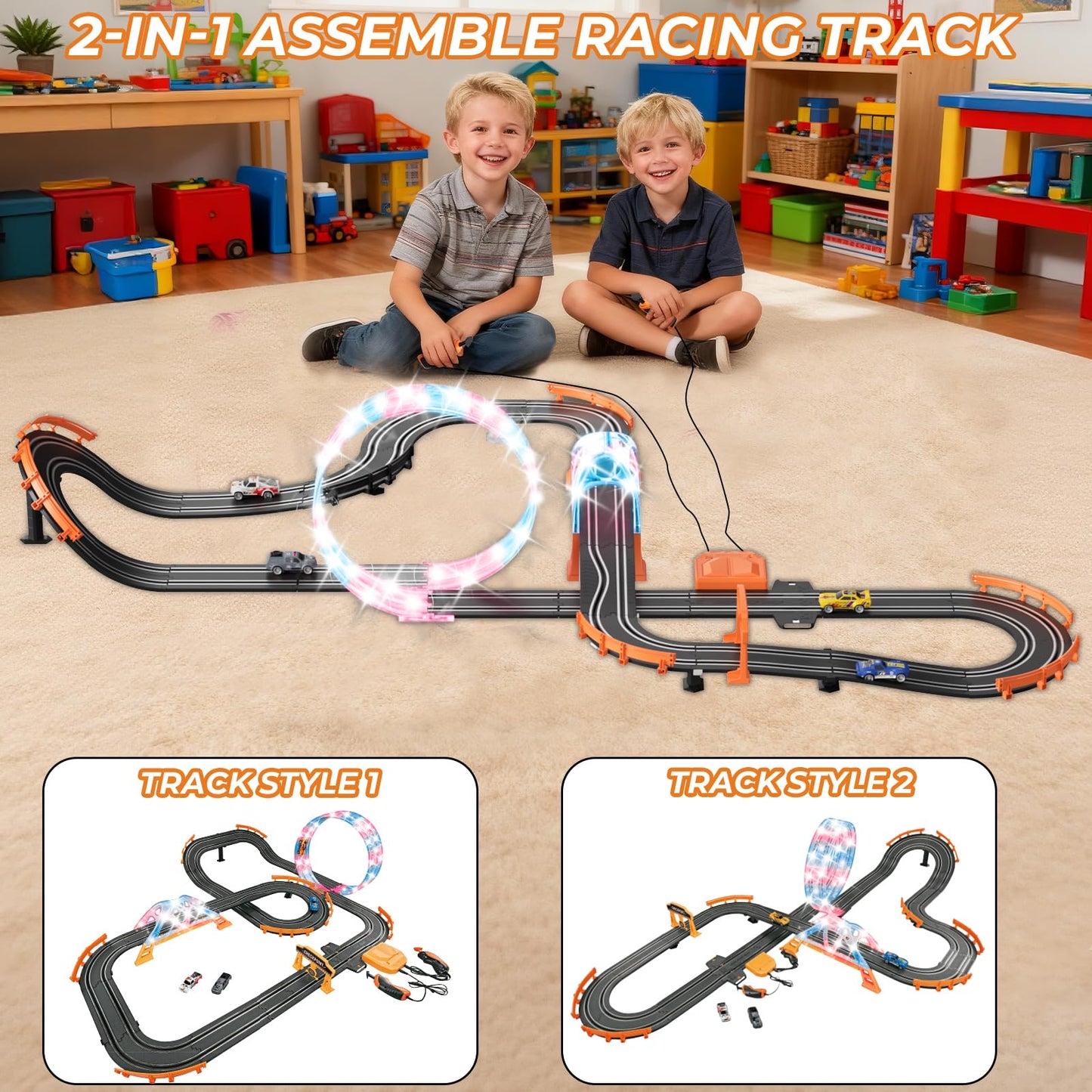 2-in-1 Slot Car Race Track Sets - Electric Race Car Track with 4 High-Speed Racing Cars  Dual Racing Game Lap Counter Circular Overpass Tracks  Remote Control Cars Toys/Gift for Boys Kids Ages 8-12