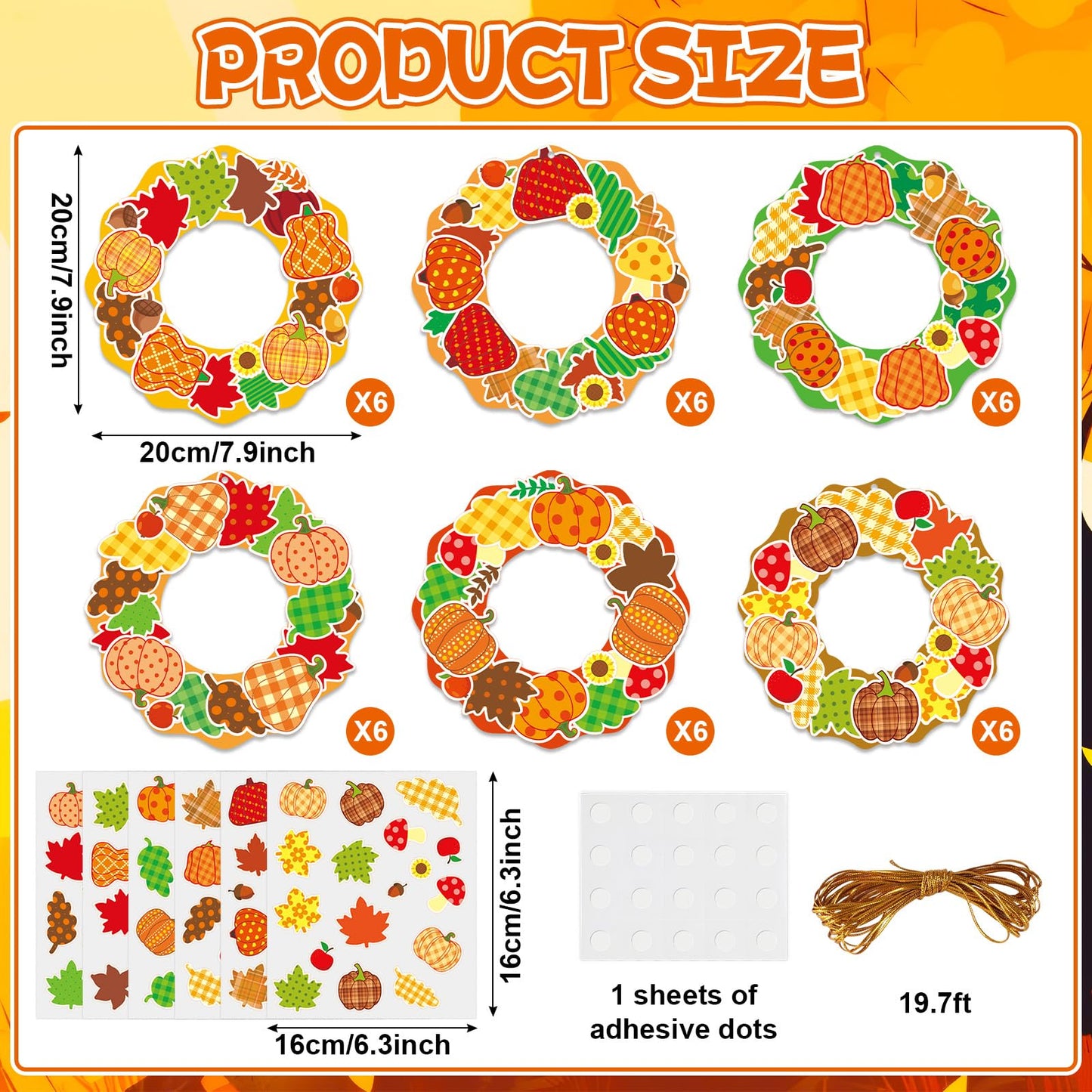 36 Sets Fall Maple Leaves Pumpkin Wreath Craft Kits Autumn Checkered Polka Dot DIY Wreath Hanging Ornaments Thanksgiving Paper A