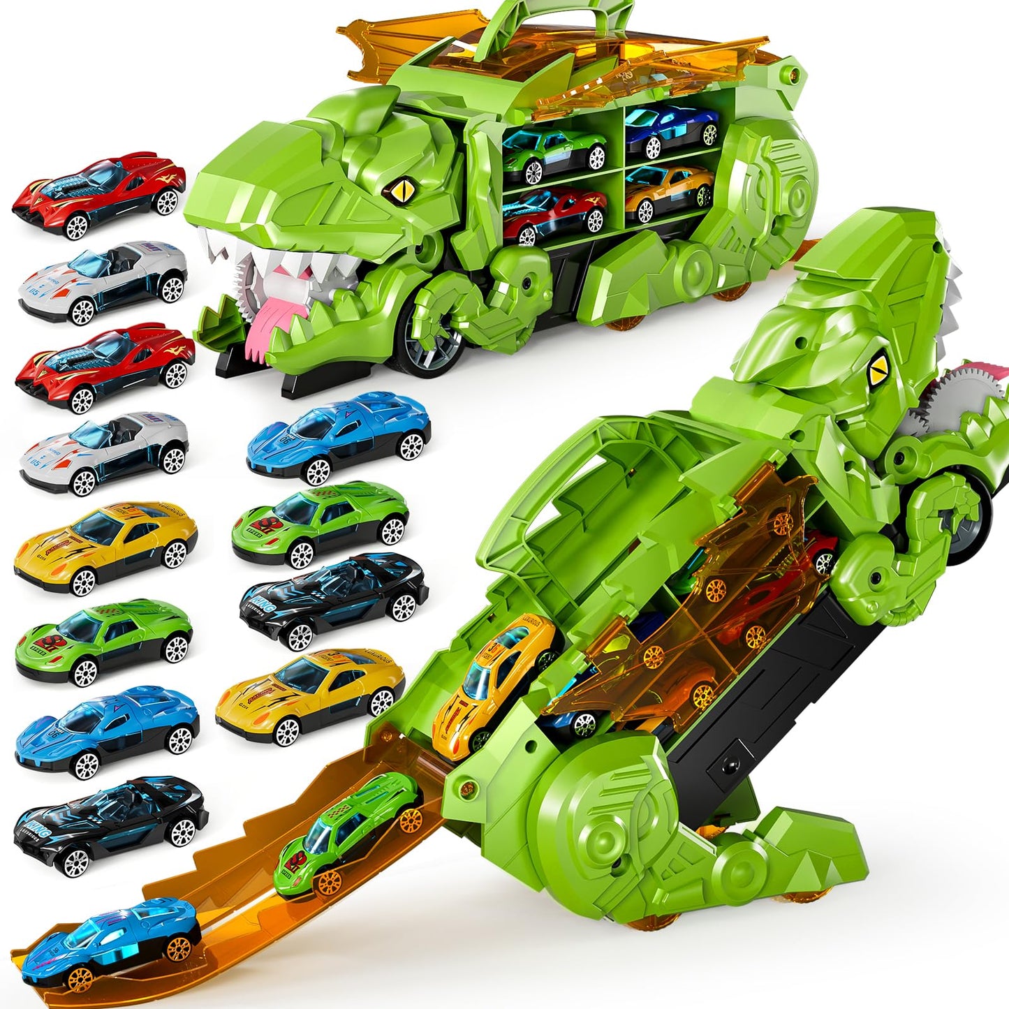 Dinosaur Planet Truck Toys For Boys 3 4 5 6 7 8 Year Old - 2 Layer Transformed Dinosaur Transport Car Carrier Truck With 12 Diec