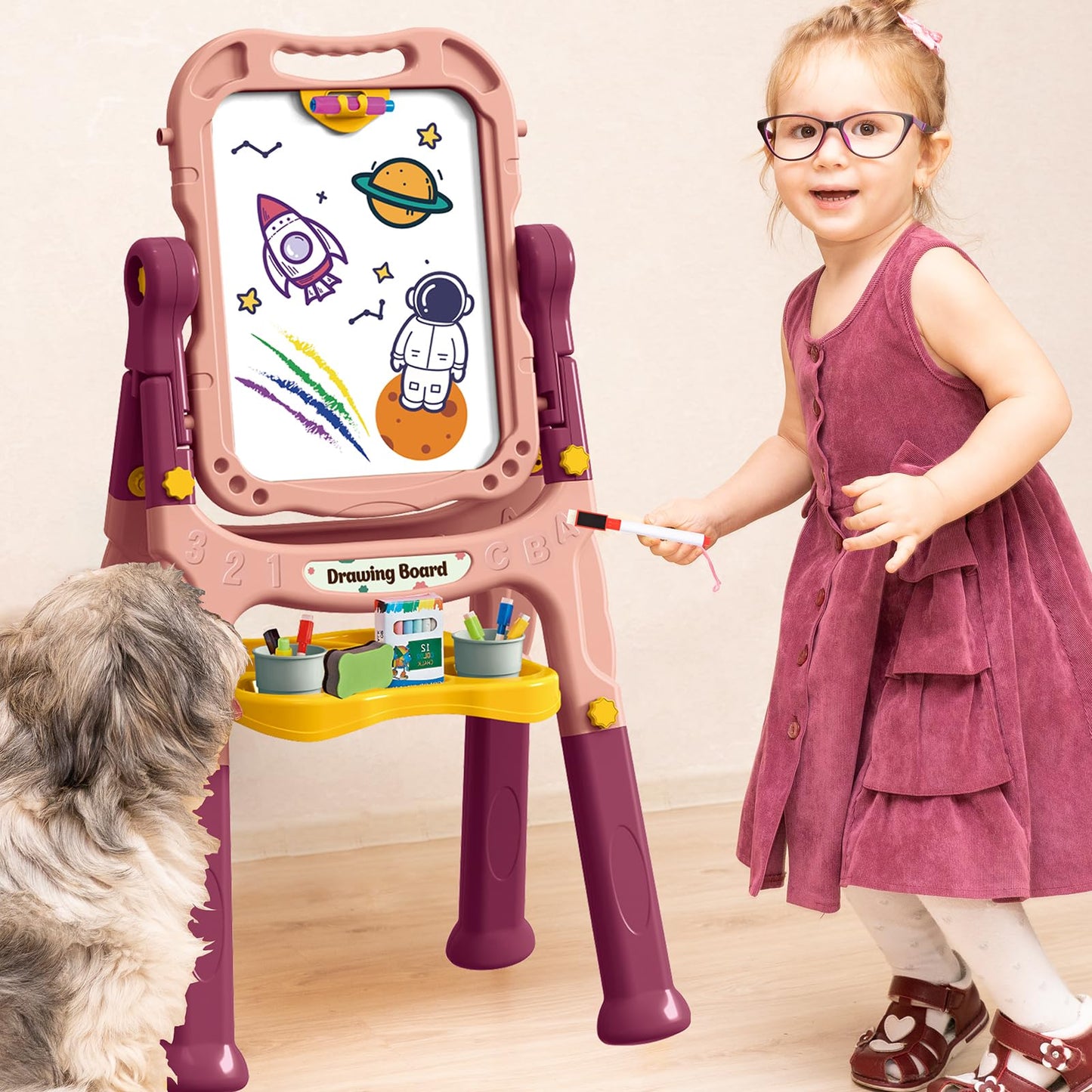 Ylovetoys Kids Art Easel, Adjustable Drawing White Board & Chalk Board, Toddler Standing Easel With Painting Accessories, Gift F