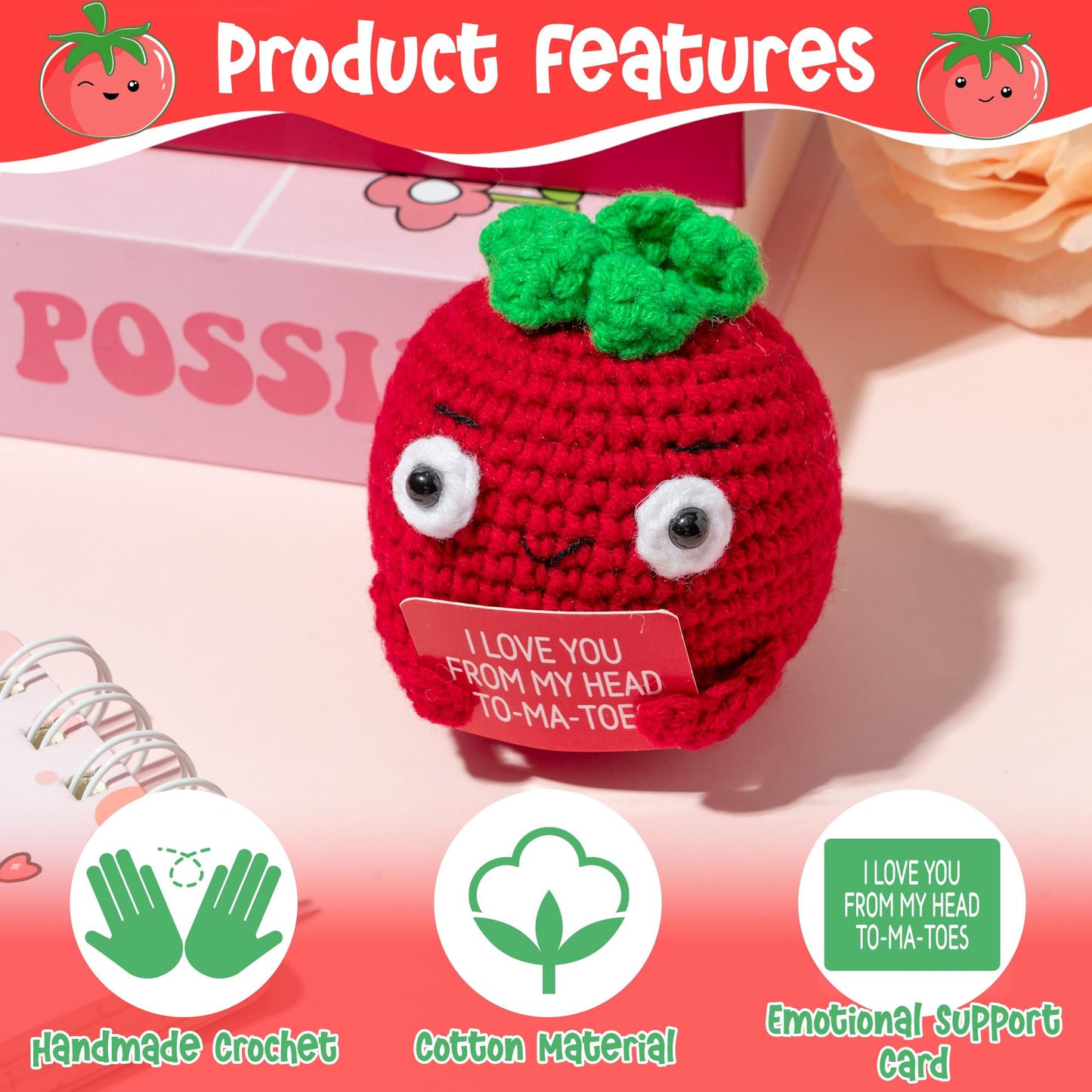 DJianrang Handmade Positive Tomato Crochet Doll with Encouragement Words Card, Mini Plush Knitted Crochets Toy Cute Emotional Su