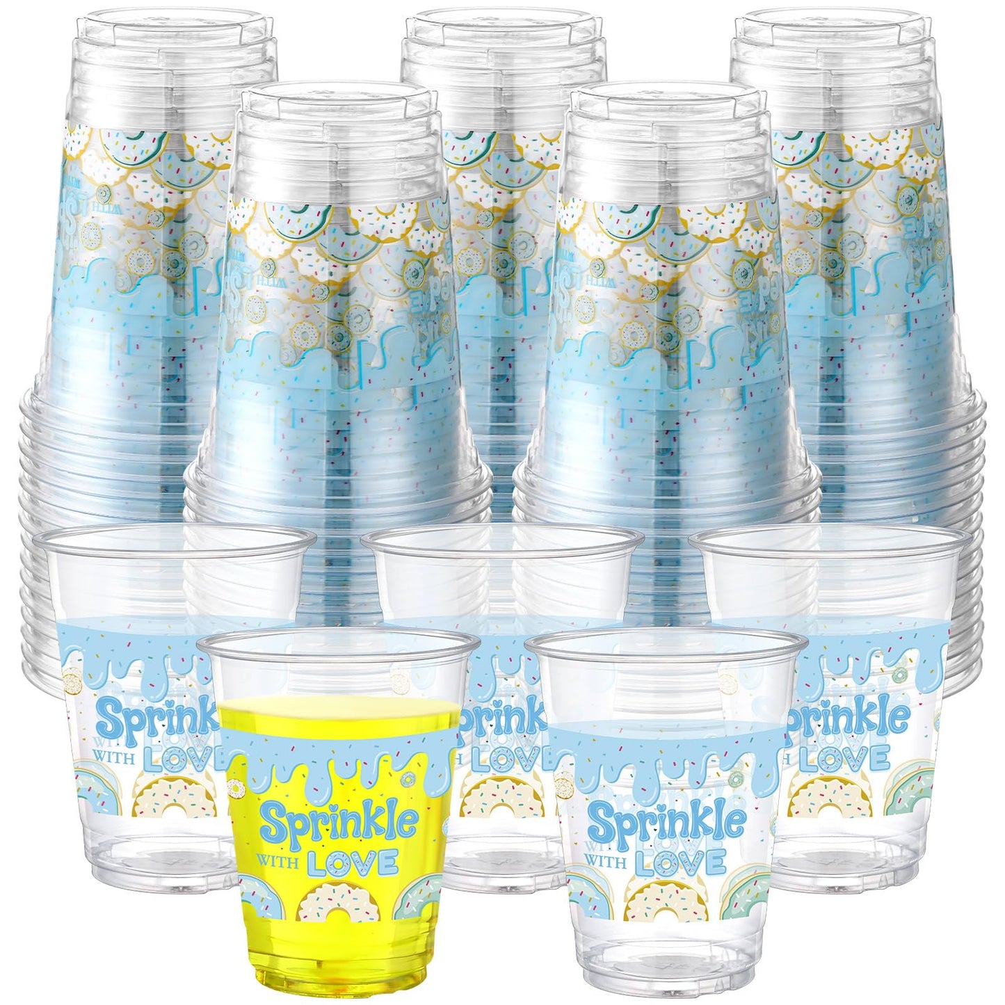 Qinyoung 50 Pcs 16 oz Donut Sprinkle Cups for Donut Baby Shower Decorations Baby Shower Cups Plastic Disposable Drinking Cups Do