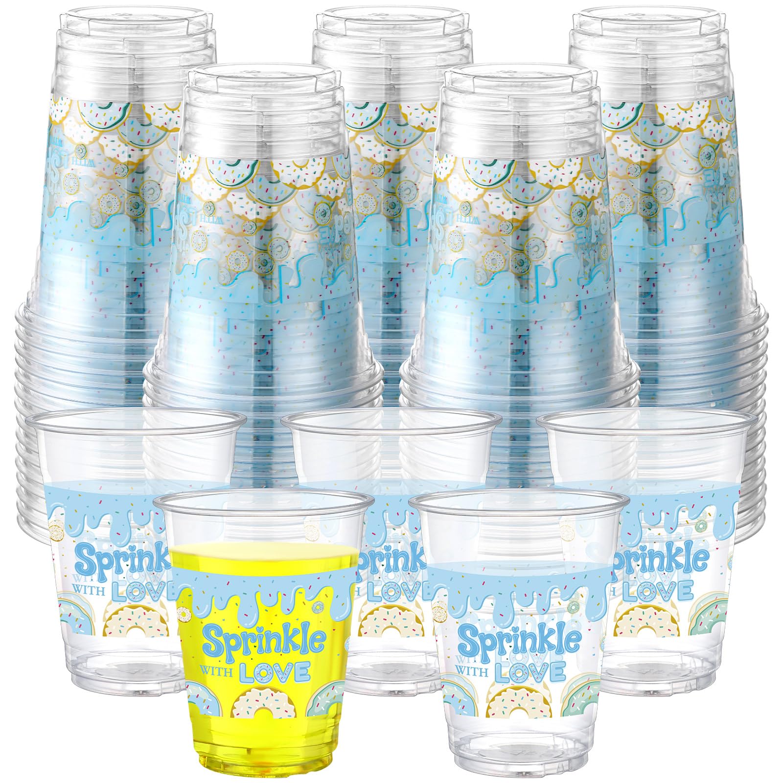 Qinyoung 50 Pcs 16 oz Donut Sprinkle Cups for Donut Baby Shower Decorations Baby Shower Cups Plastic Disposable Drinking Cups Do