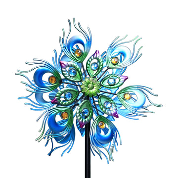 Roaming Light Peacock Wind Spinner, 48Inch Double Wind Sculpture, Wind Sculptures & Spinners Outdoor Metal Stake Yard Spinners,