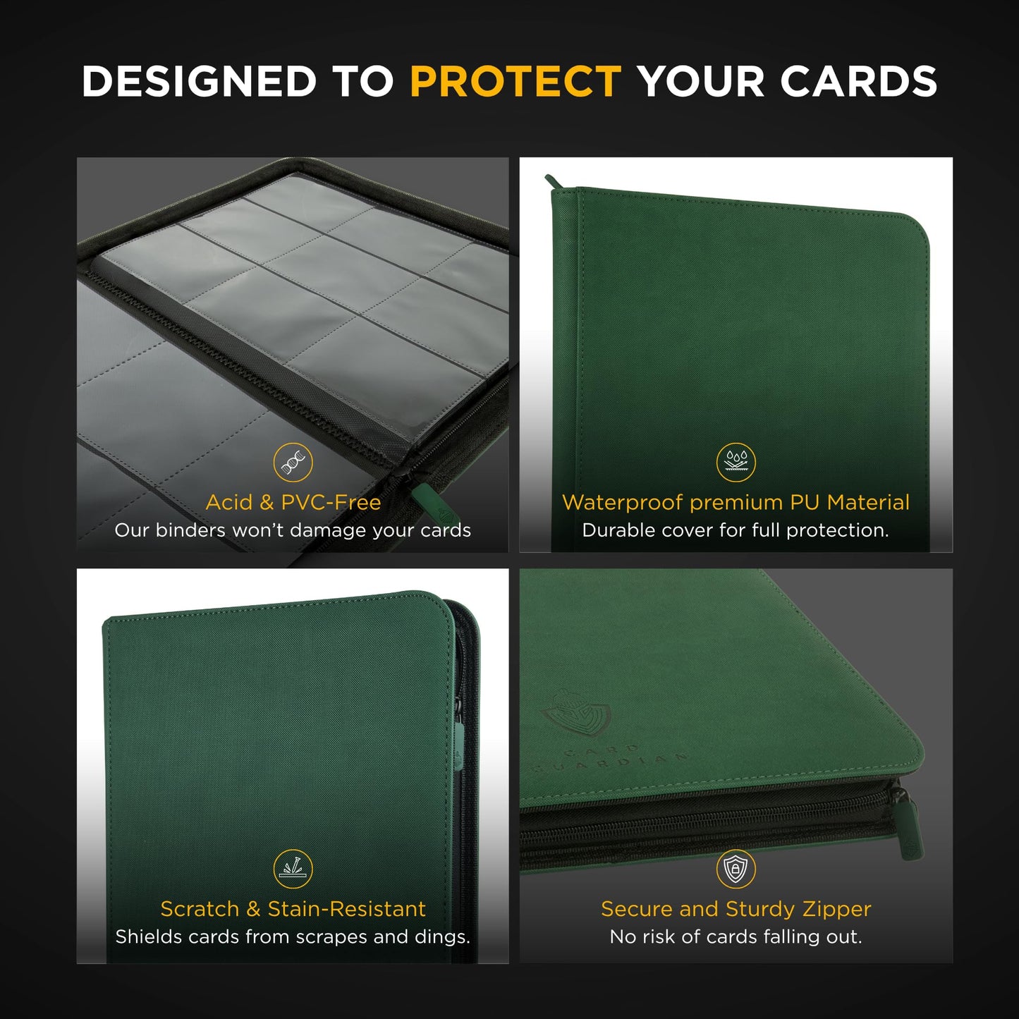 Card Guardian - 9 Pocket Premium Binder With Zipper For 360 Cards Trading Card Games Tcg (Green) Side Loaded Pockets Compatible