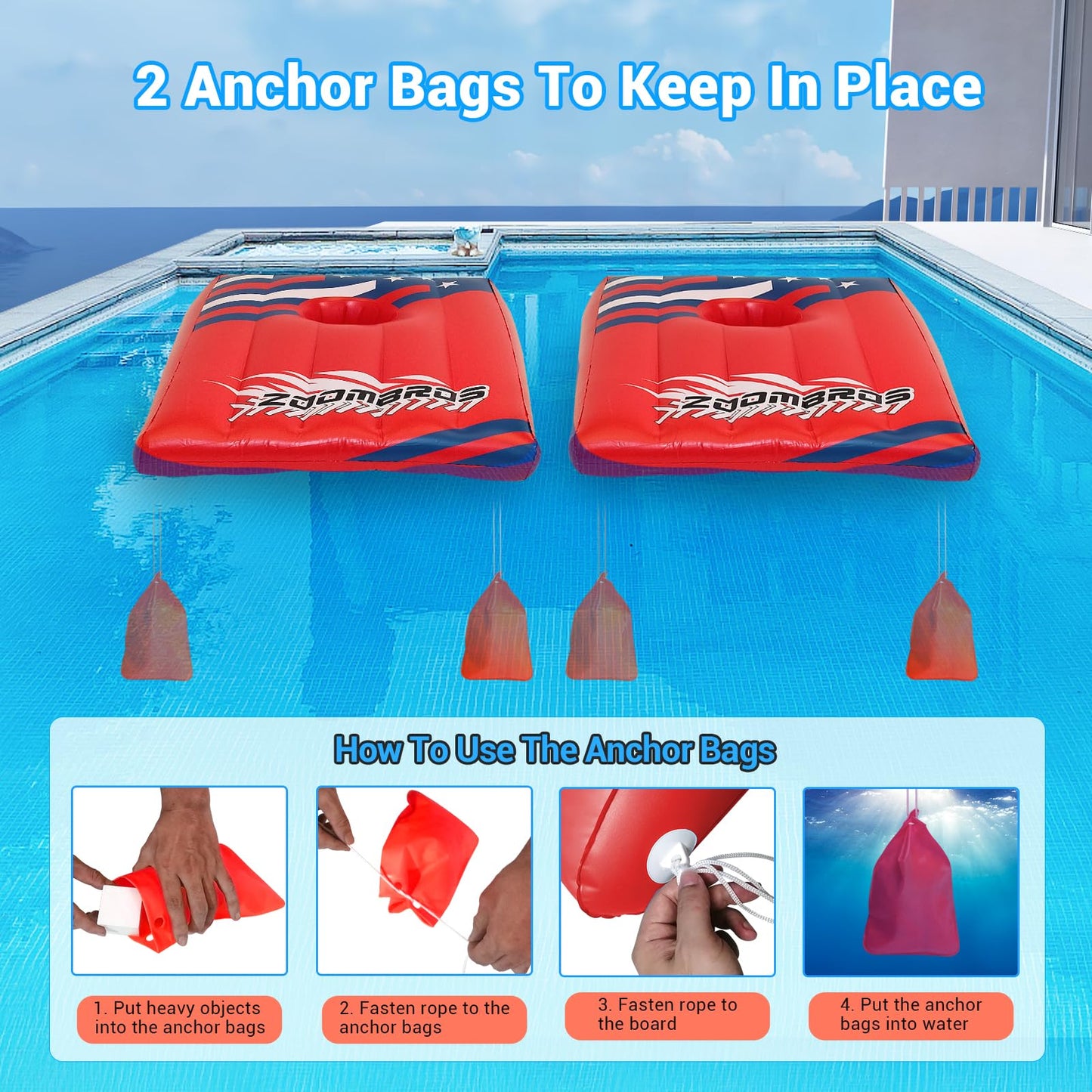 Pool Cornhole 2 Sets, 6 Bean Bags Toss Games With 4 Anchor Bags, Inflatable Cornhole Pool Game Floating Pool Toys For Adults Tee
