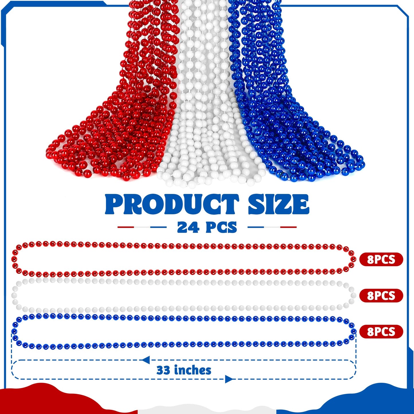 Huskein 24 Pcs Fourth Of July Beaded Necklaces, 33'' Red White Beads Necklaces Bulk, Independence Day Beads, Patriotic Parade Th
