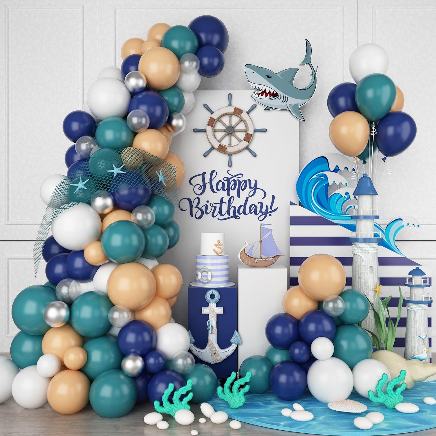 Ocean Theme Balloons Arch Kit, Under The Sea Balloon Garland Arch Kit, Retro Sea Blue Apricot Silver Party Balloons For Kids Boy