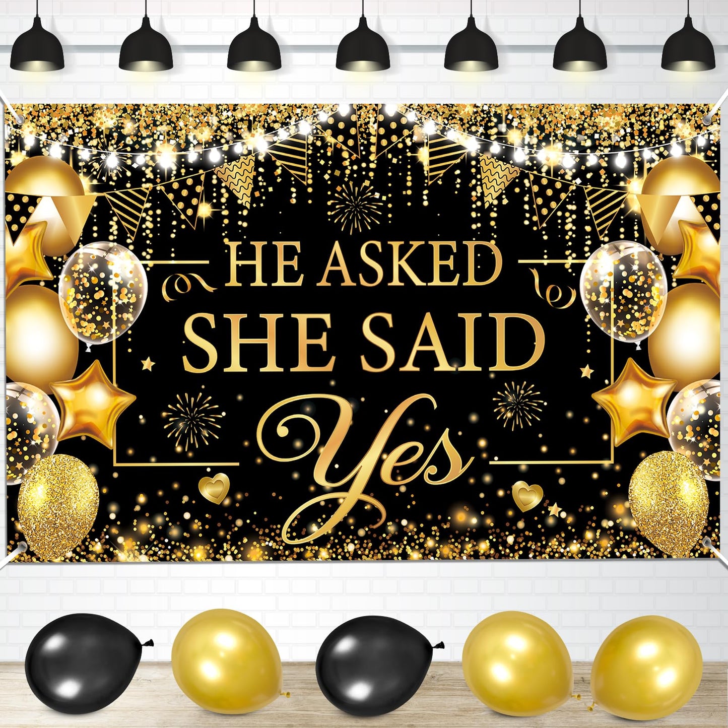 Gold Engagement Party Decorations Black Gold Engagement Banner Backdrop He Asked She Said Yes Banner Decorations Wedding Banner 