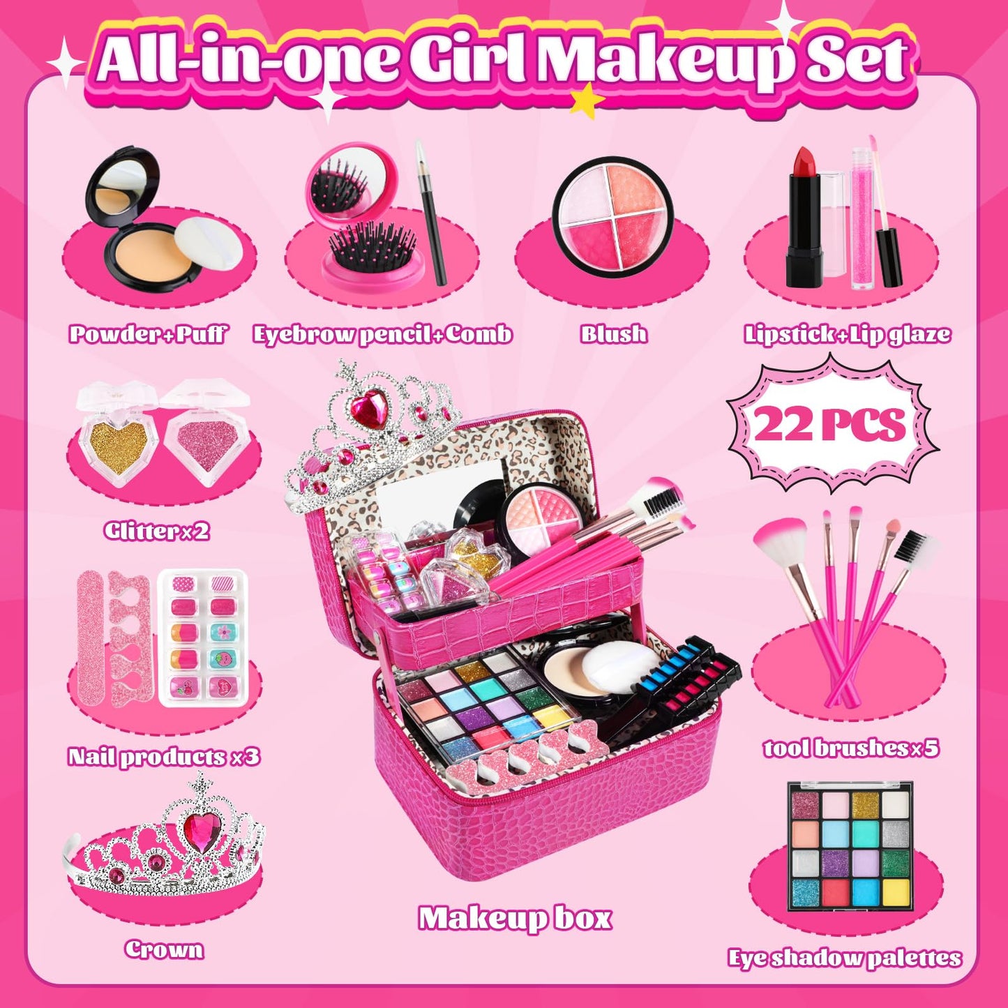 Kids Makeup Kit for Girl -Real Washable Toddler Makeup Kit for Kids Girls, Double-Layer Case Kids Makeup for Kids Little Girl, P