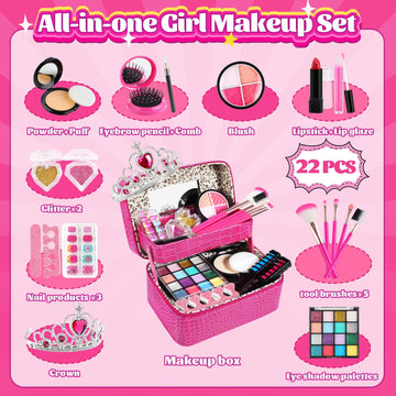 Kids Makeup Kit for Girl -Real Washable Toddler Makeup Kit for Kids Girls, Double-Layer Case Kids Makeup for Kids Little Girl, P