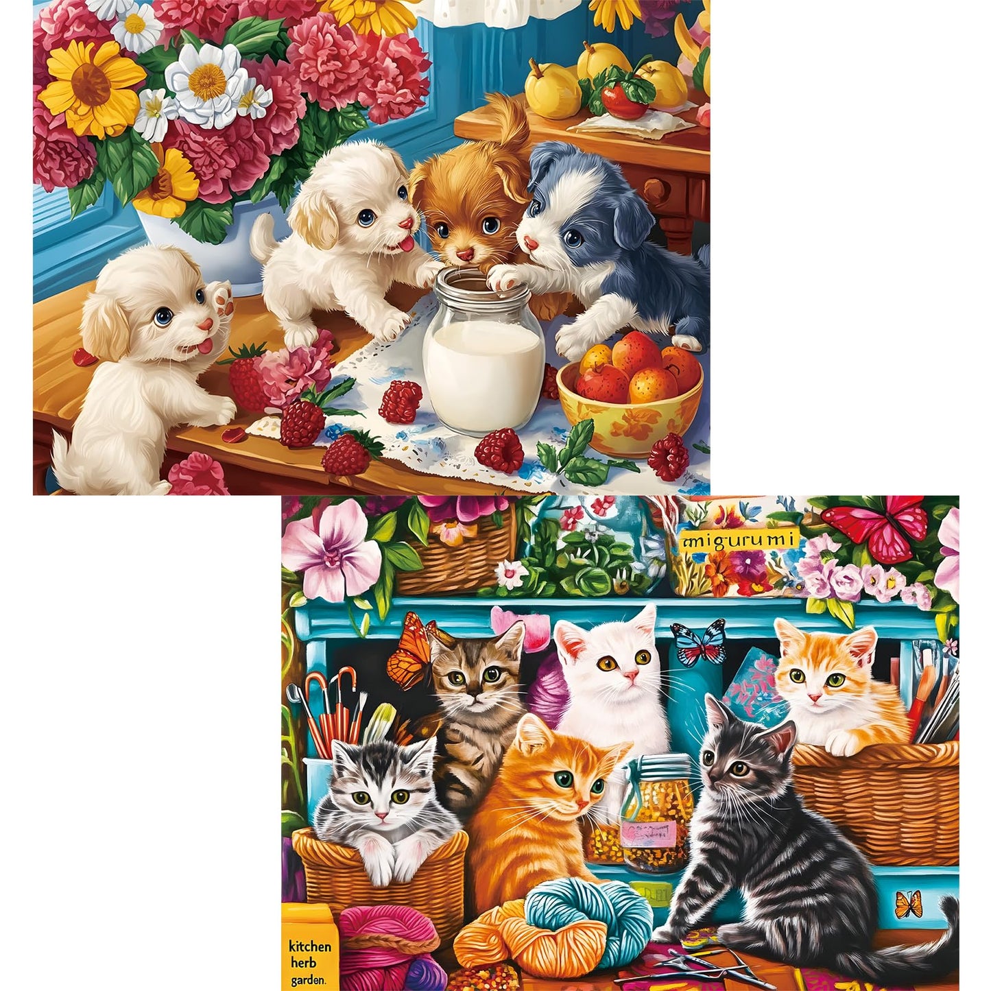 2 Pack 300 Piece Puzzle for Adults,Cute Dogs Cats Jigsaw Puzzle for Adults Teens,Large Piece Puzzle for Kids Ages 8-10 10-12,Glo