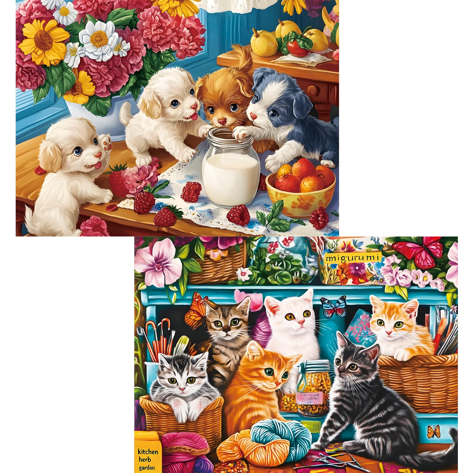 2 Pack 300 Piece Puzzle for Adults,Cute Dogs Cats Jigsaw Puzzle for Adults Teens,Large Piece Puzzle for Kids Ages 8-10 10-12,Glo